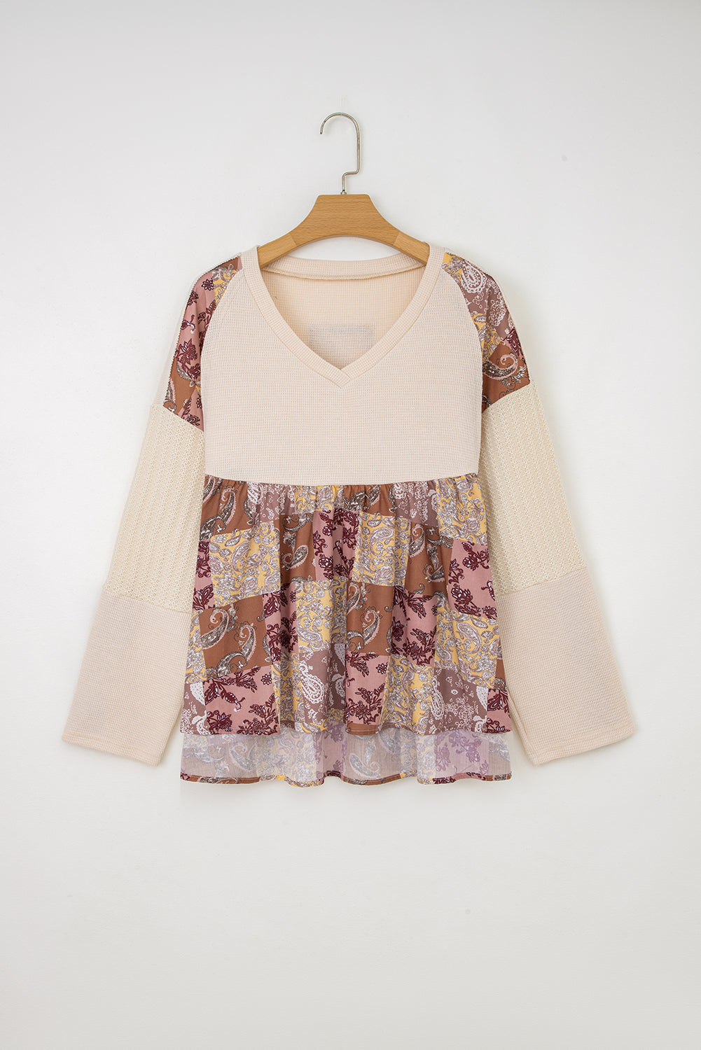 Beige Paisley Ethnic Print Contrast Patchwork Long Sleeve Loose Top-Tops/Blouses & Shirts-[Adult]-[Female]-2022 Online Blue Zone Planet