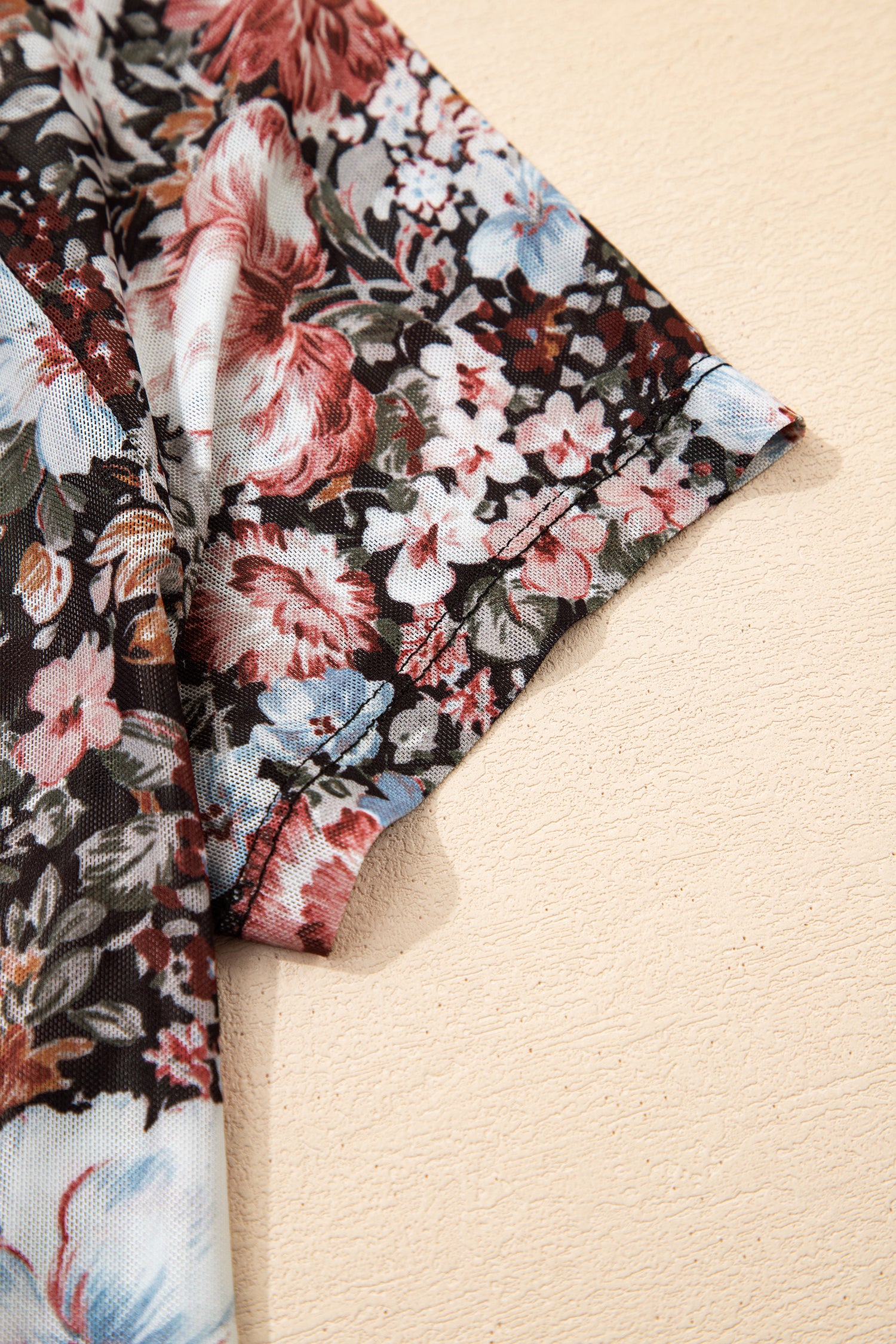 Brown Floral Print High Neck Short Sleeve Mesh Top-Tops/Tops & Tees-[Adult]-[Female]-2022 Online Blue Zone Planet