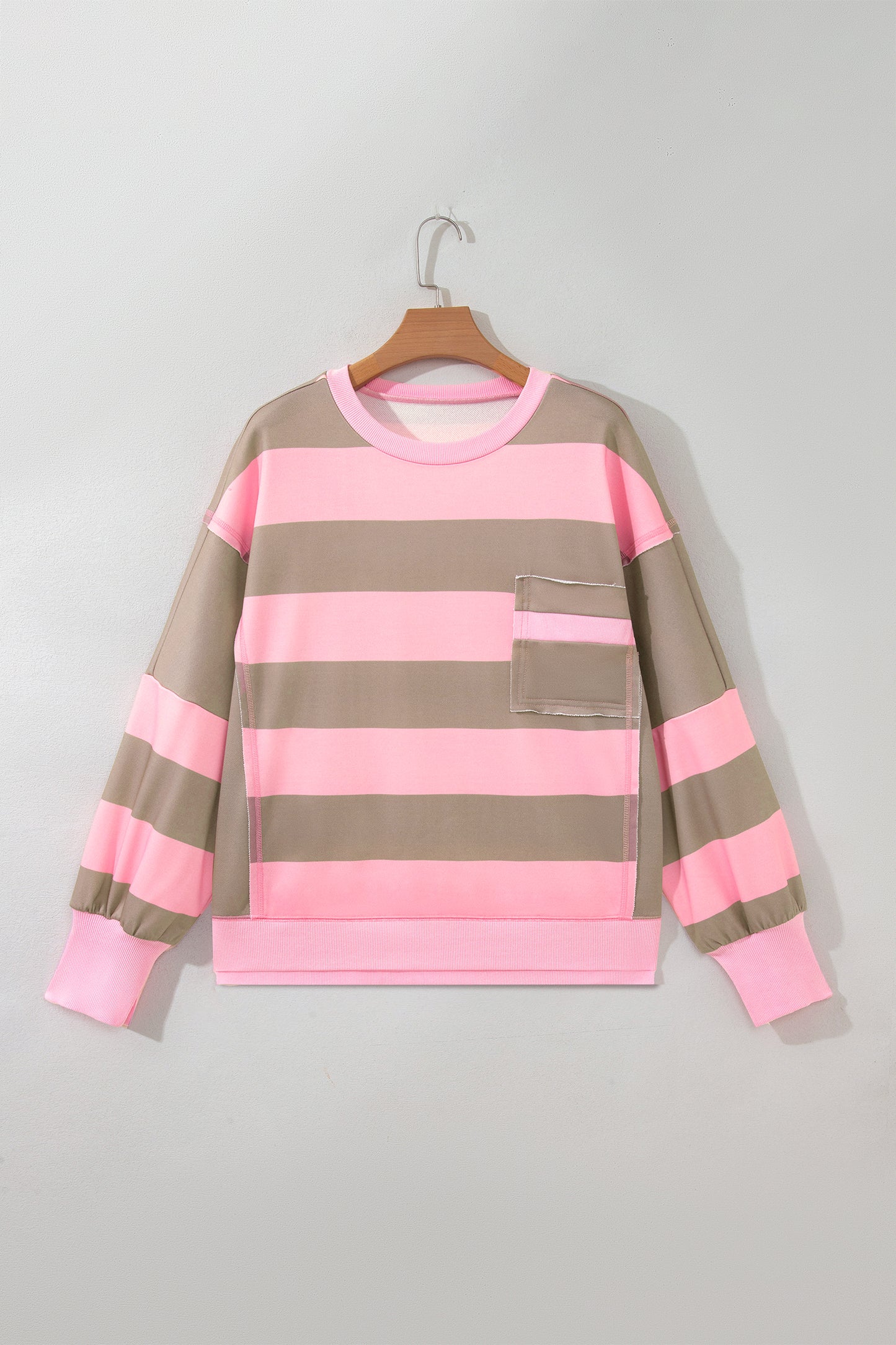 Pink Stripe Striped Colorblock Patch Pocket Split Hem Oversized Long Sleeve Sweatshirt-Tops/Sweatshirts & Hoodies-[Adult]-[Female]-2022 Online Blue Zone Planet