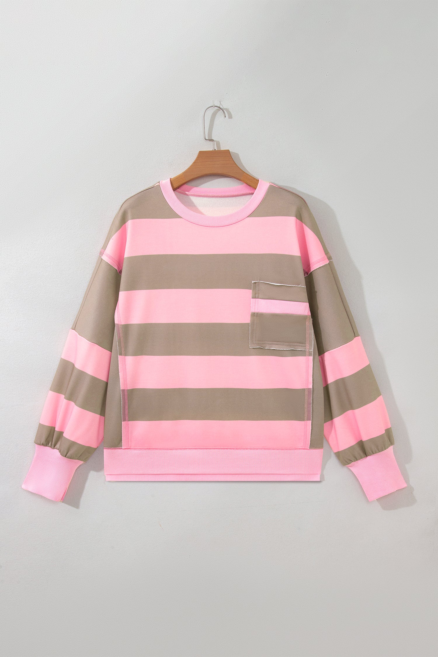 Pink Stripe Striped Colorblock Patch Pocket Split Hem Oversized Long Sleeve Sweatshirt-Tops/Sweatshirts & Hoodies-[Adult]-[Female]-2022 Online Blue Zone Planet
