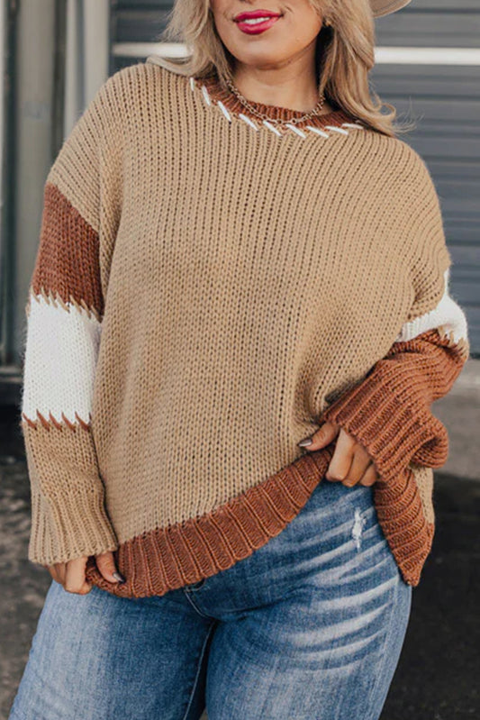 Light French Beige Contrast Stitch Detail Color Block Knitted Plus Size Sweater-Plus Size/Plus Size Sweaters & Cardigans-[Adult]-[Female]-Light French Beige-1X-2022 Online Blue Zone Planet