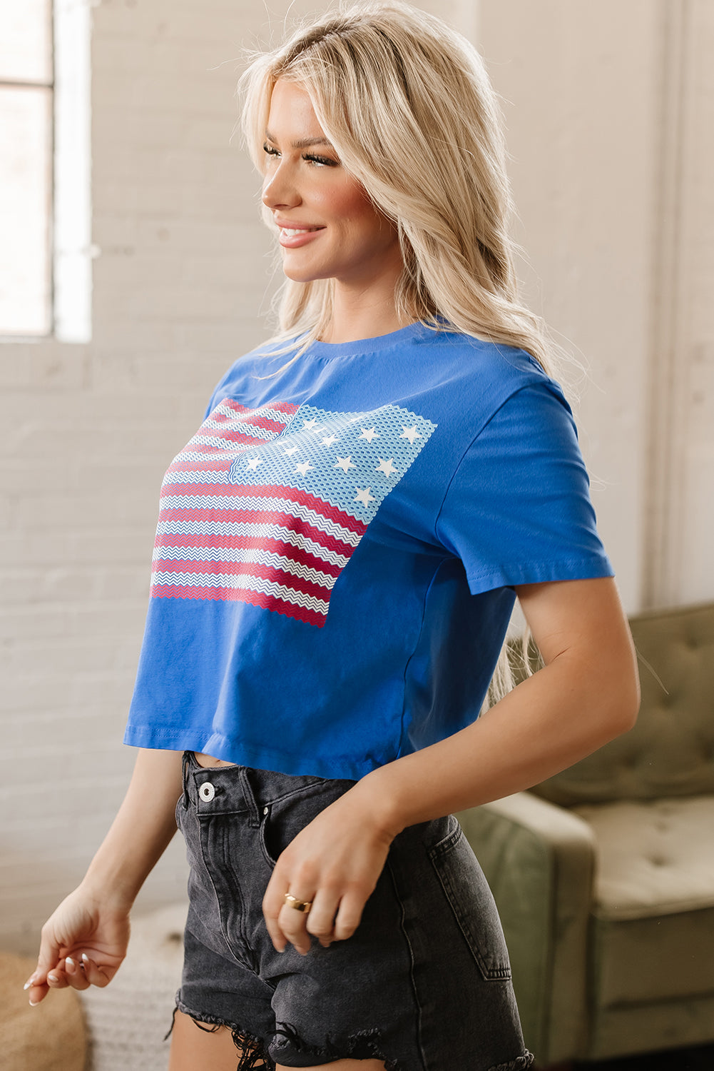 Real Teal American Flag Pattern Crewneck Tee-Graphic/Graphic Tees-[Adult]-[Female]-2022 Online Blue Zone Planet