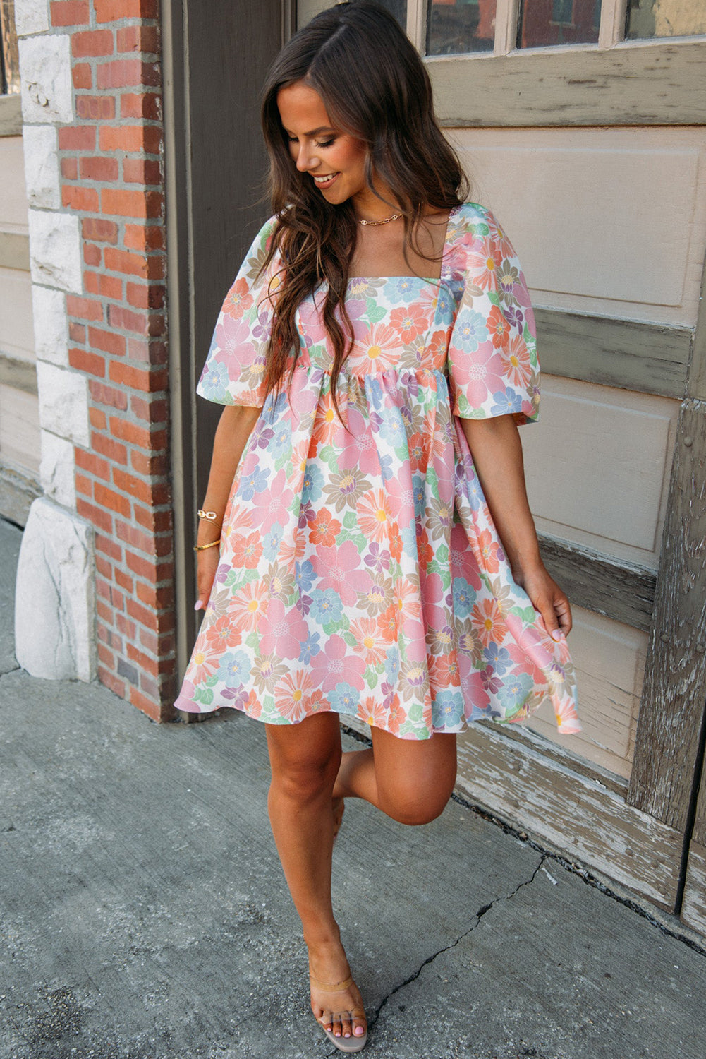 Blue Zone Planet |  Pink Summer Floral Square Neck Puff Sleeve Babydoll Dress Blue Zone Planet