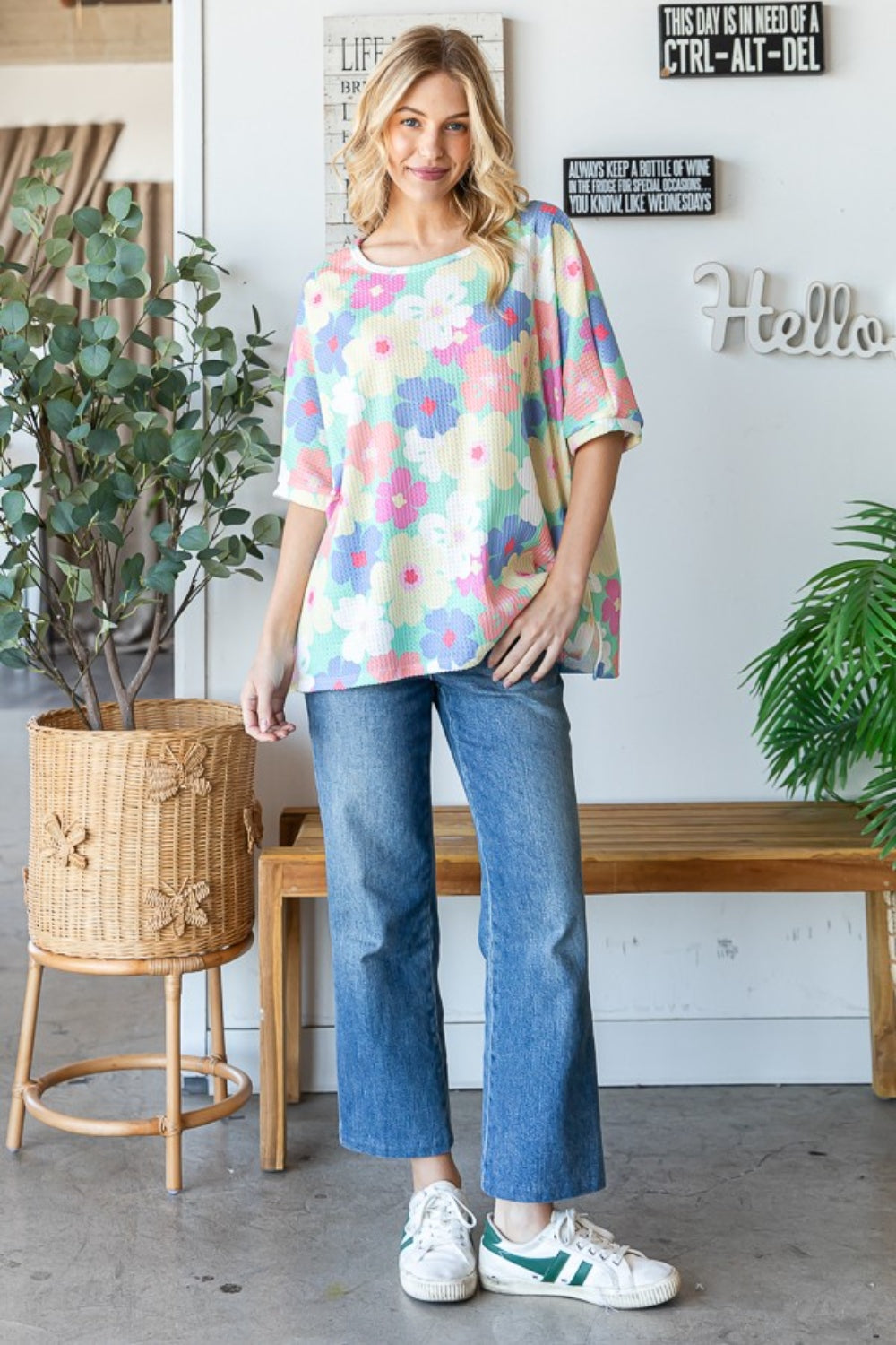 Blue Zone Planet | HOPELY Floral Waffle Oversized T-Shirt-TOPS / DRESSES-[Adult]-[Female]-2022 Online Blue Zone Planet