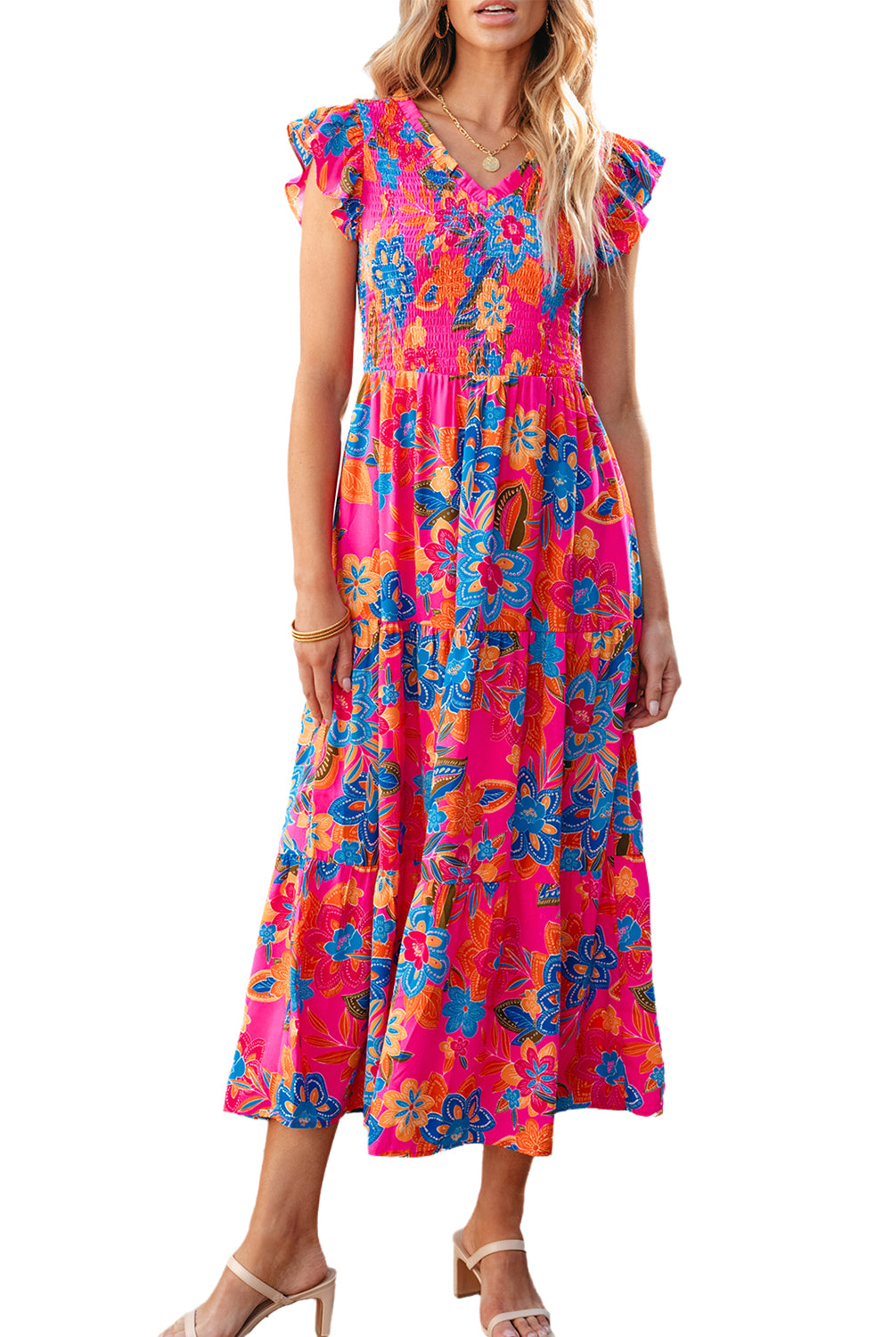 Blue Zone Planet |  Rose Red Boho Floral V Neck Ruffle Tiered Long Dress Blue Zone Planet