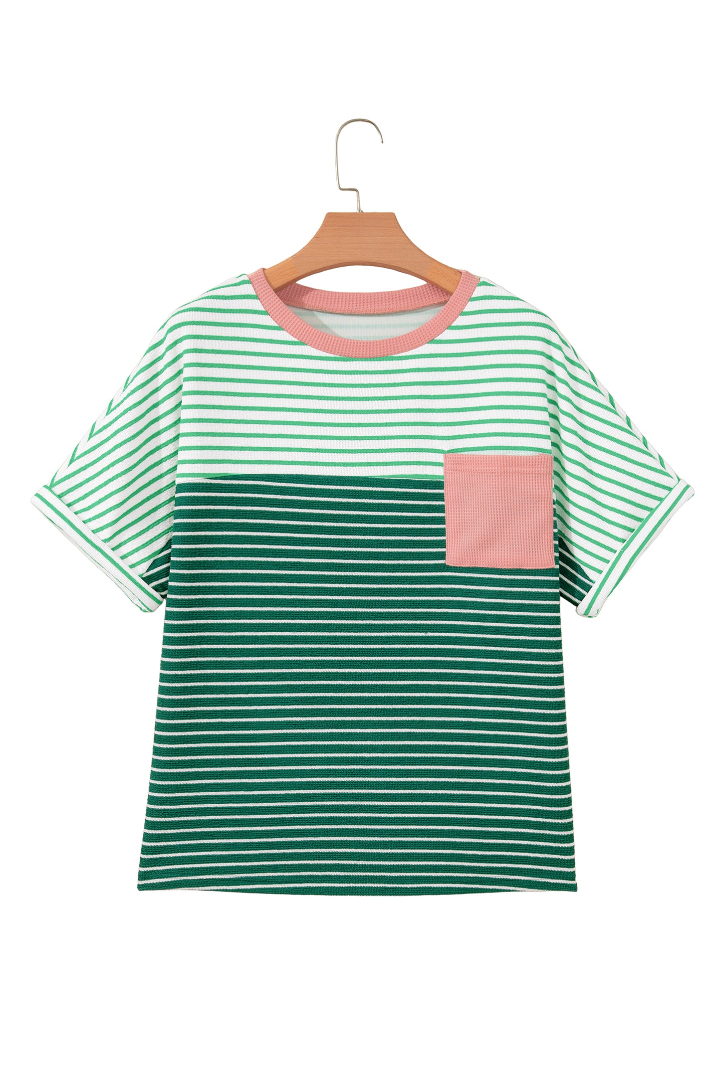 Green Stripe Contrast Print Color Block Detail Relaxed Tee-Tops/Tops & Tees-[Adult]-[Female]-2022 Online Blue Zone Planet