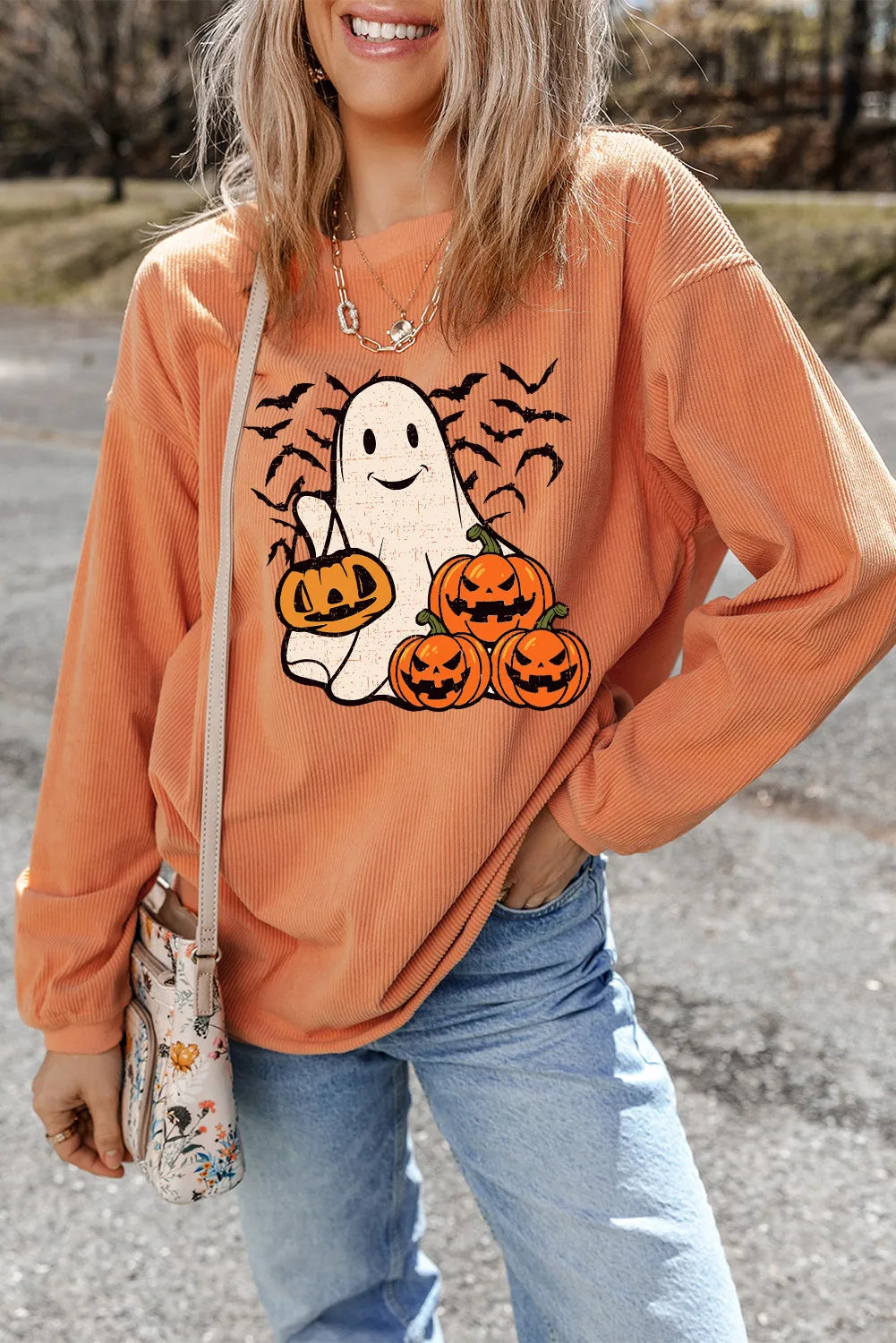 Jack-O'-Lantern Round Neck Long Sleeve Sweatshirt-TOPS / DRESSES-[Adult]-[Female]-2022 Online Blue Zone Planet