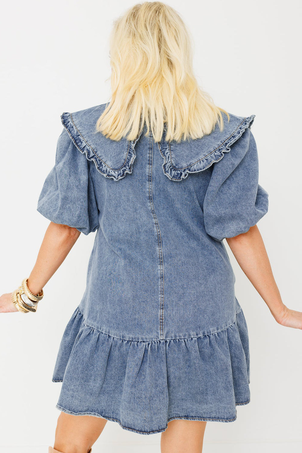 Dusk Blue Ruffled Collared Side Pockets Puff Sleeve Denim Mini Dress-Dresses/Mini Dresses-[Adult]-[Female]-2022 Online Blue Zone Planet