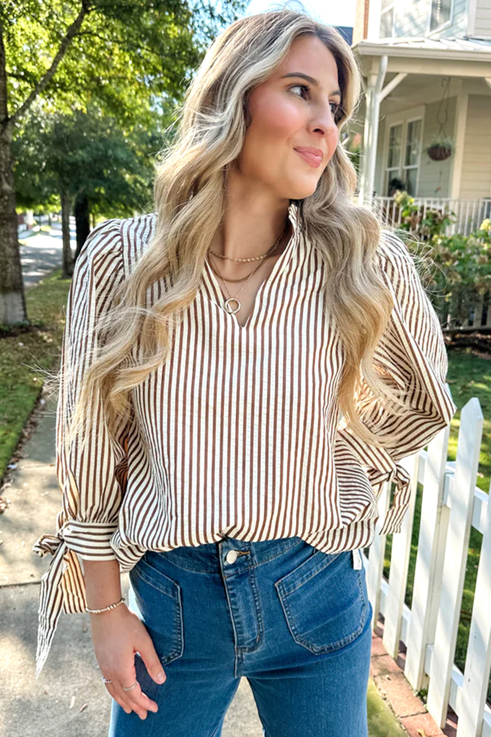 Straw Yellow Striped Print Tied Cuffs Split Neck Seersucker Blouse-Tops/Blouses & Shirts-[Adult]-[Female]-2022 Online Blue Zone Planet
