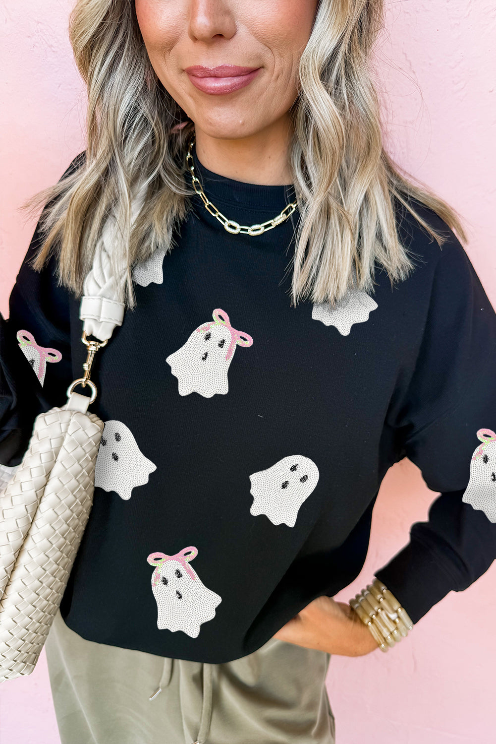Black Sequin Cute Bow Ghost Graphic Crew Neck Halloween Sweatshirt-Graphic/Graphic Sweatshirts-[Adult]-[Female]-2022 Online Blue Zone Planet