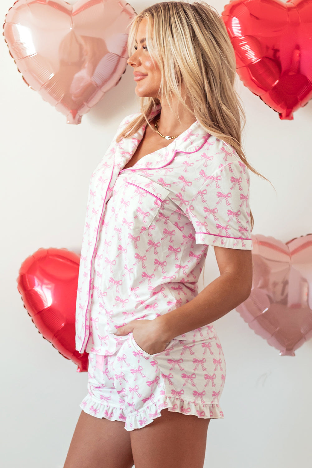 Blue Zone Planet | Pink Bowknot Printed Short Sleeve and Ruffled Shorts Valentines Pajama Set-Loungewear & Sleepwear/Sleepwear-[Adult]-[Female]-2022 Online Blue Zone Planet