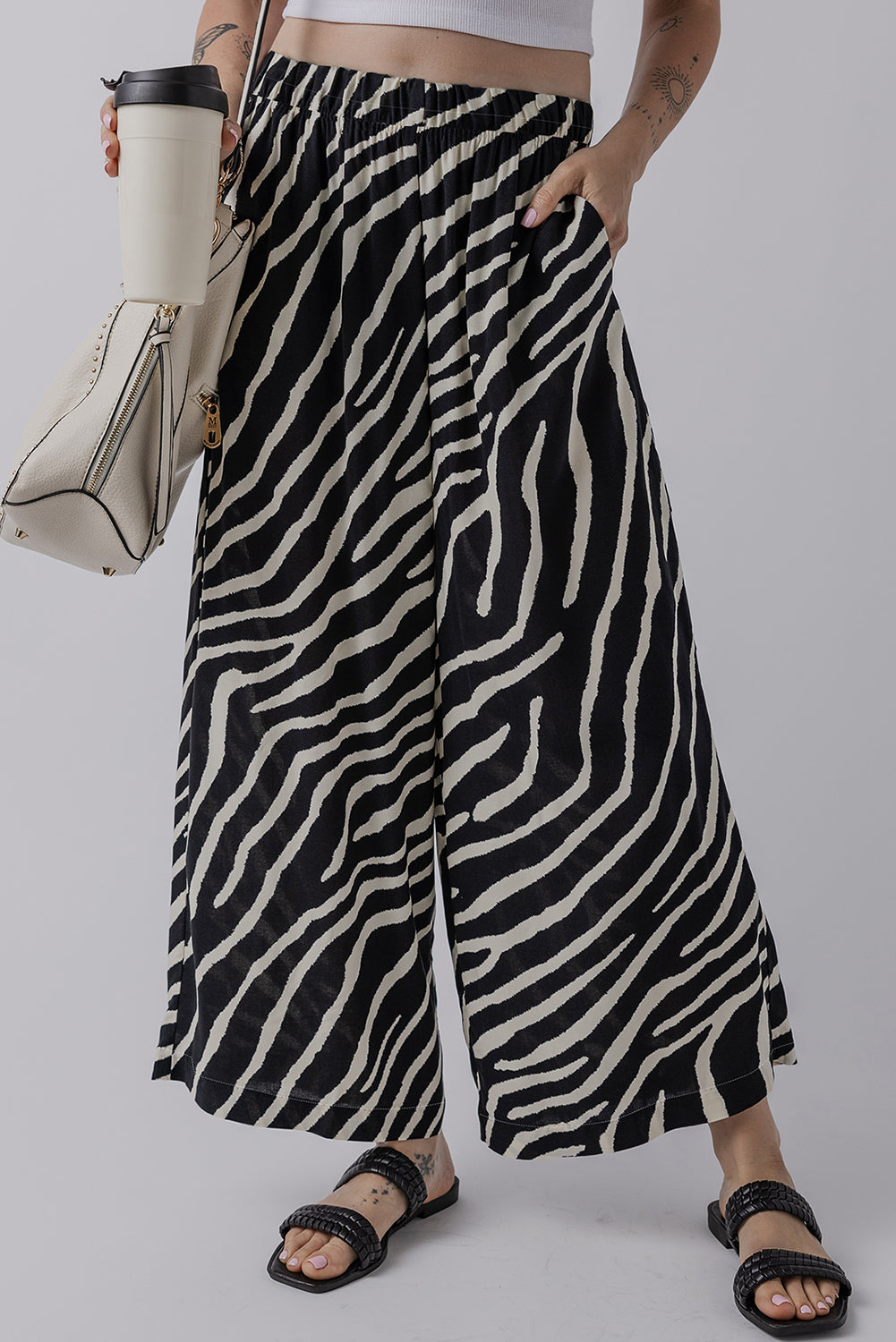 Black Zebra Striped Summer Wide Leg Pants-Bottoms/Pants & Culotte-[Adult]-[Female]-Black-S-2022 Online Blue Zone Planet