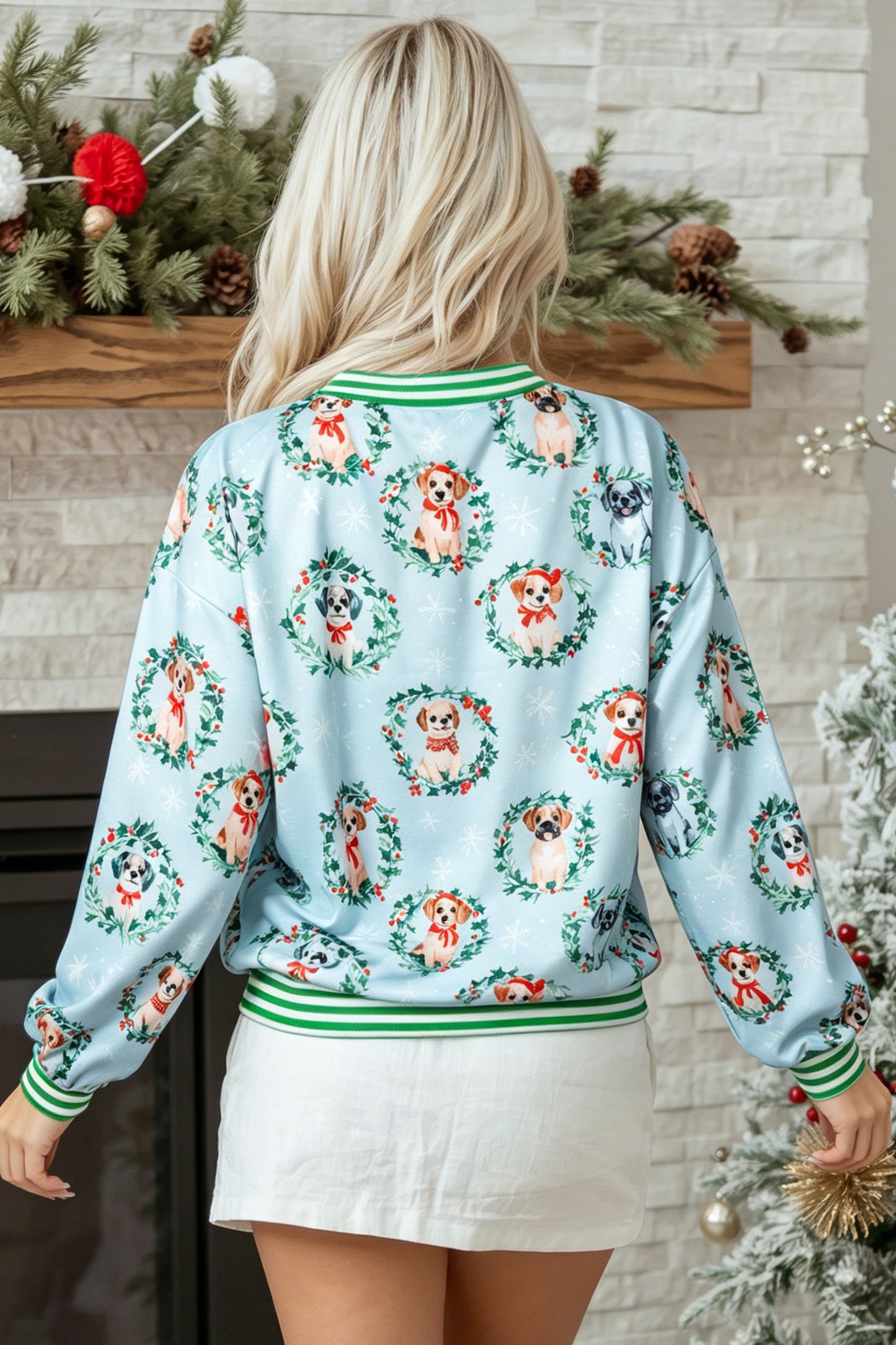 Sky Blue Abstract Dog Print Ribbed Cuff Round Neck Long Sleeve Sweatshirt-Tops/Sweatshirts & Hoodies-[Adult]-[Female]-2022 Online Blue Zone Planet