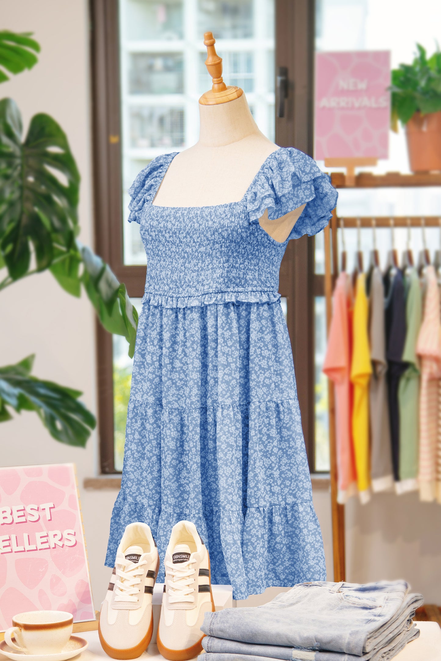 Sky Blue Floral Print Square Neck Flutter Sleeve Smocked Tiered Mini Dress-TOPS / DRESSES-[Adult]-[Female]-2022 Online Blue Zone Planet