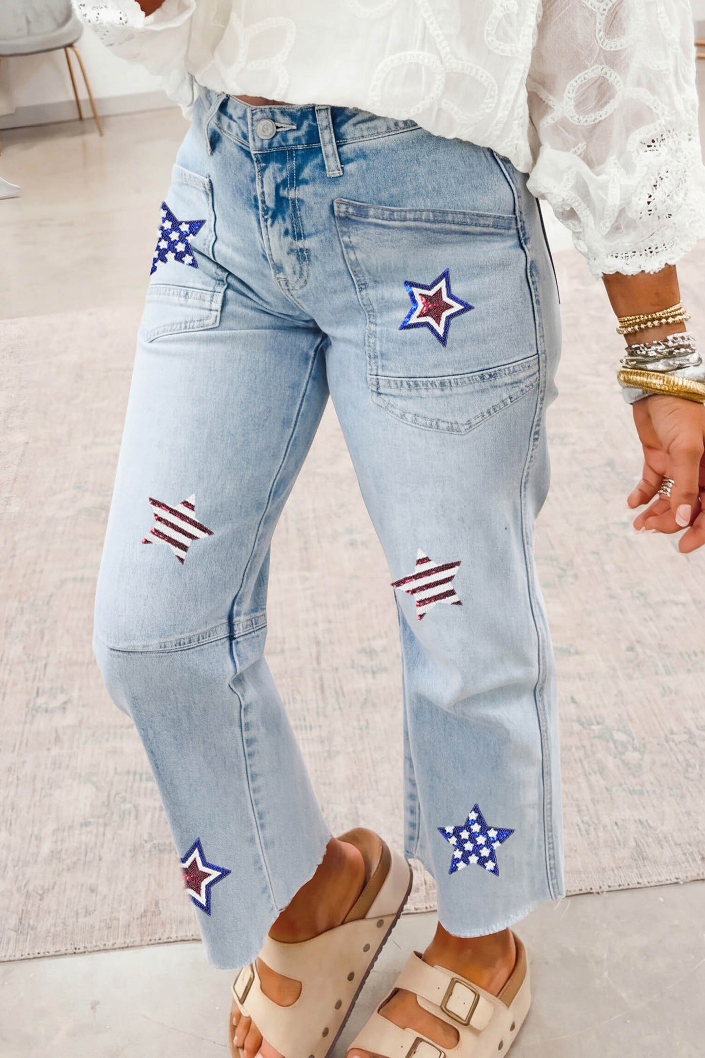 Beau Blue Patriotic Sequin Star Pattern Jeans-Graphic/Graphic Pants-[Adult]-[Female]-2022 Online Blue Zone Planet