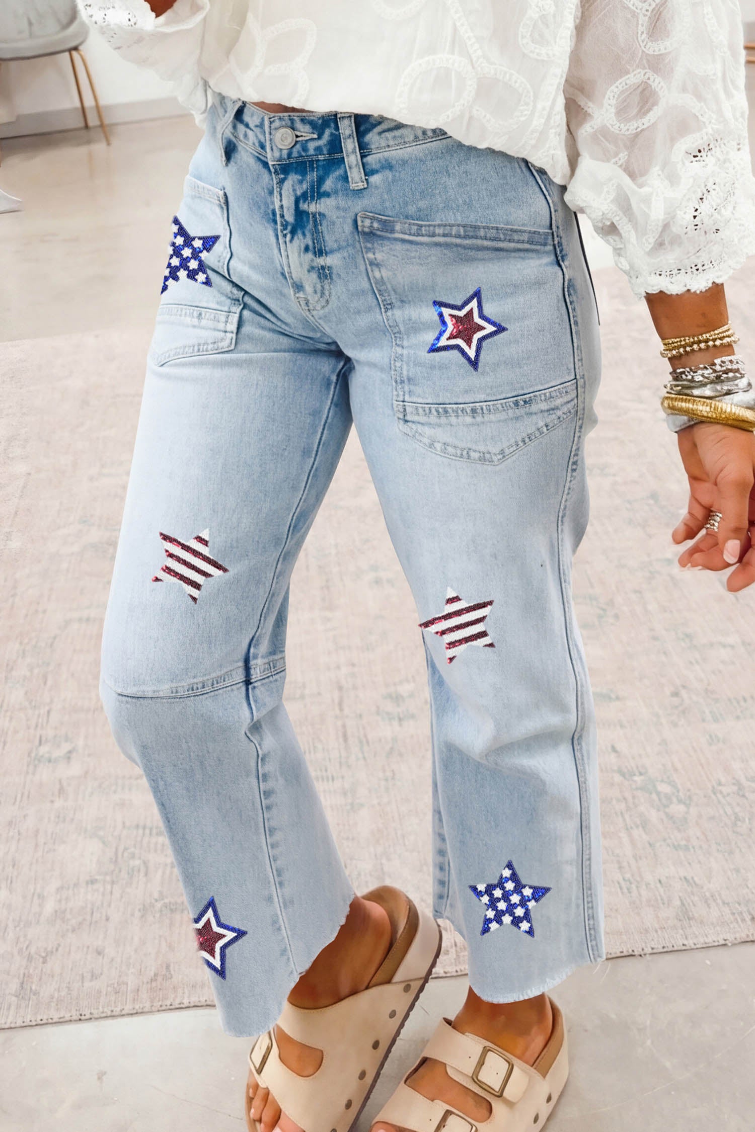 Beau Blue Patriotic Sequin Star Pattern Jeans-Graphic/Graphic Pants-[Adult]-[Female]-2022 Online Blue Zone Planet