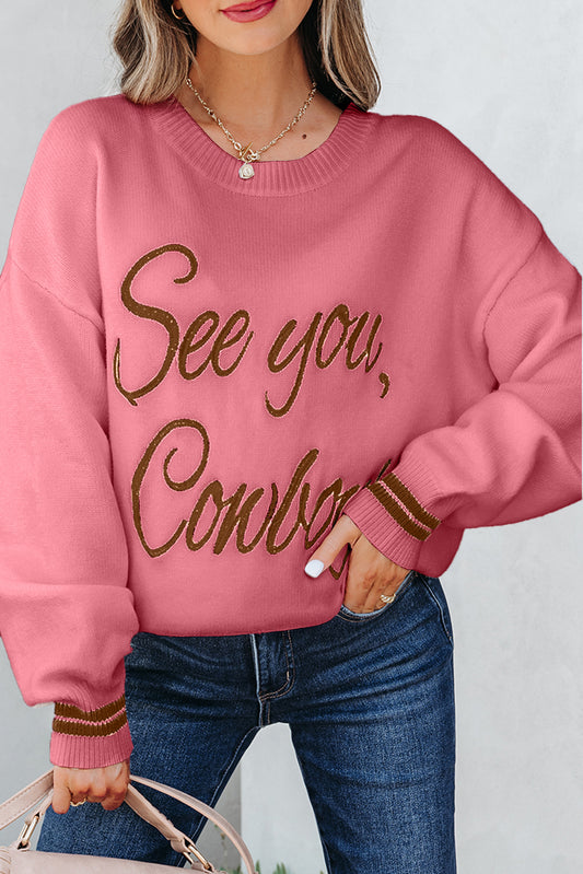 Peach Blossom See You Cowboy Embroidered Western Graphic Sweater-TOPS / DRESSES-[Adult]-[Female]-2022 Online Blue Zone Planet