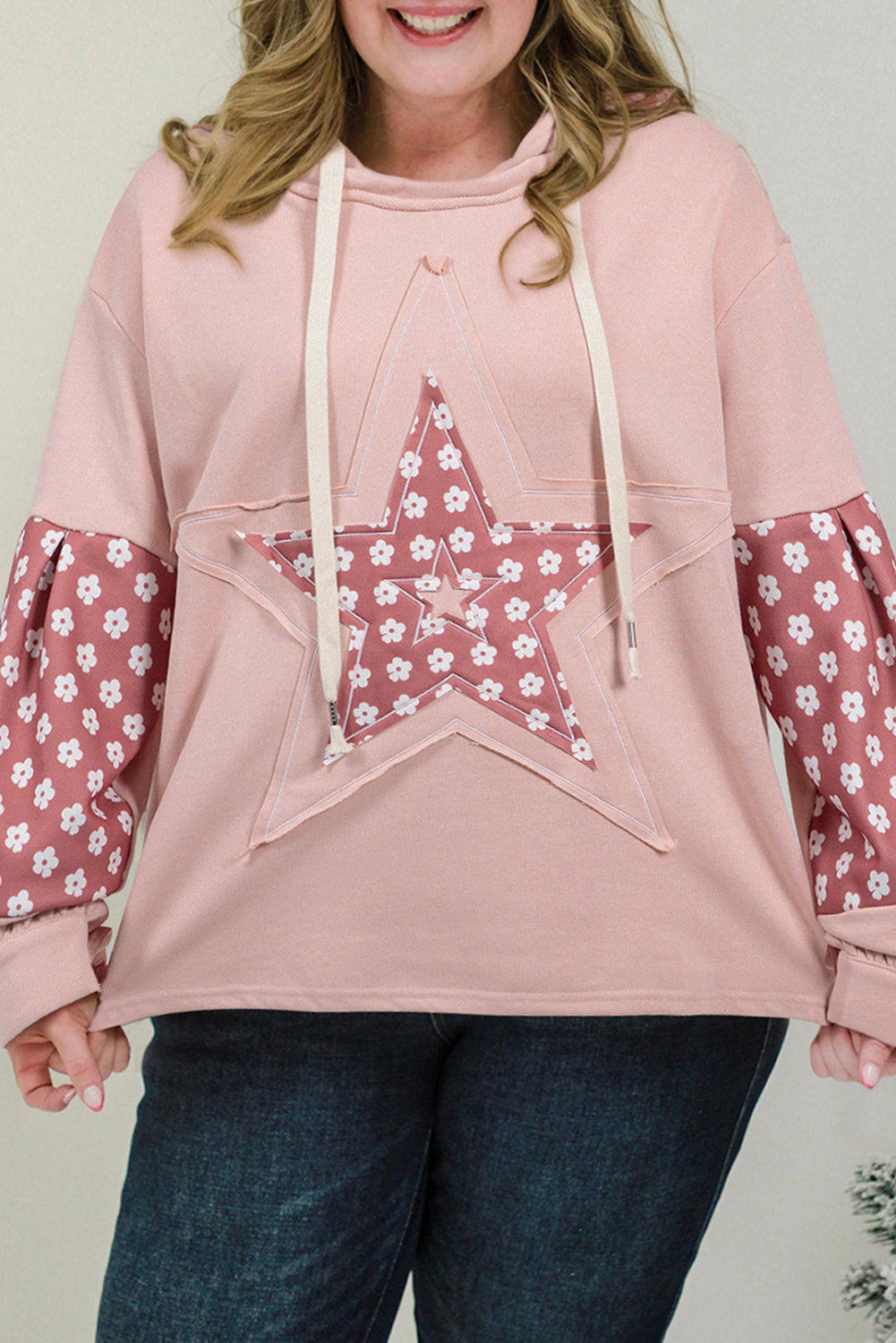 Delicacy Star Patch Graphic Floral Color Block Drawstring Plus Size Hoodie-Tops / Dresses-[Adult]-[Female]-Delicacy-1X-2022 Online Blue Zone Planet