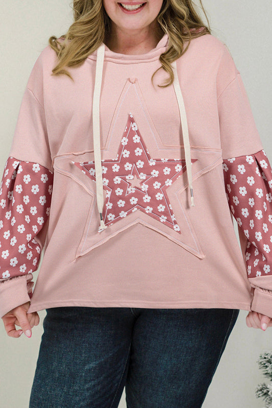 Delicacy Star Patch Graphic Floral Color Block Drawstring Plus Size Hoodie-Tops / Dresses-[Adult]-[Female]-Delicacy-1X-2022 Online Blue Zone Planet