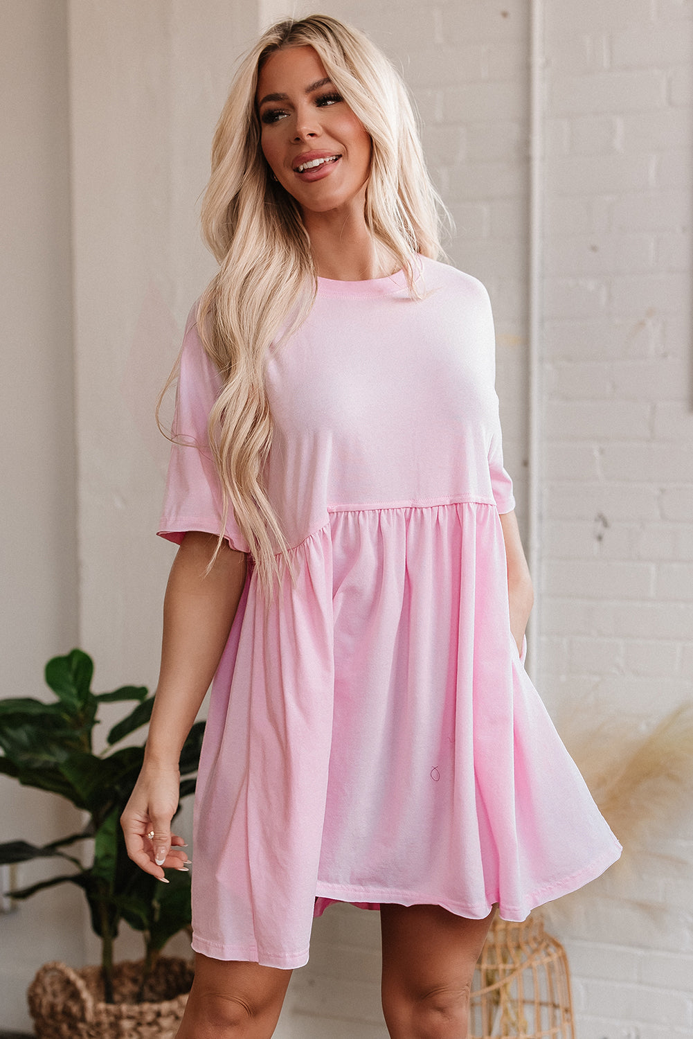Light Pink Solid Color Pocketed Raw Edge Babydoll Dress-TOPS / DRESSES-[Adult]-[Female]-2022 Online Blue Zone Planet