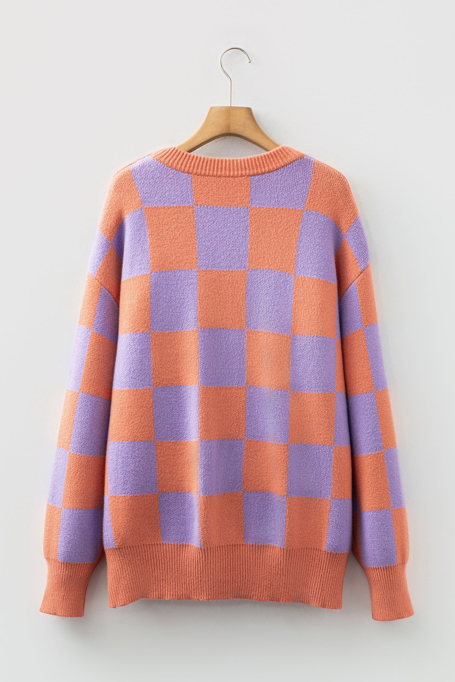 Grapefruit Orange Checkered Pattern Ribbed Trim Knit Baggy Sweater-TOPS / DRESSES-[Adult]-[Female]-2022 Online Blue Zone Planet