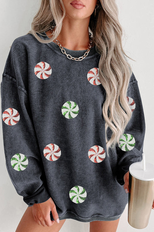 Gray Christmas Candy Sequin Graphic Ribbed Corded Baggy Sweatshirt-Graphic/Graphic Sweatshirts-[Adult]-[Female]-Gray-S-2022 Online Blue Zone Planet
