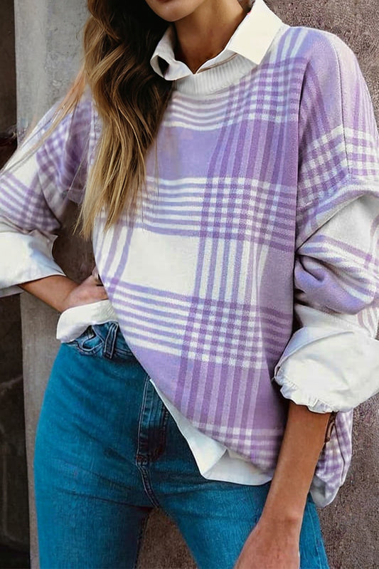 Lilac Plaid Print Ribbed Trim Loose Sweater-TOPS / DRESSES-[Adult]-[Female]-2022 Online Blue Zone Planet