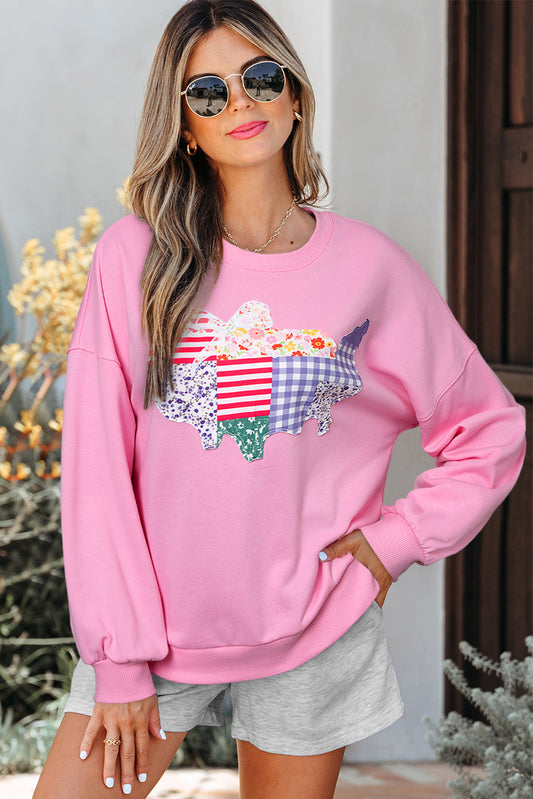 Pink Usa Map Patched Graphic Patriotic Sweatshirt-Tops/Sweatshirts & Hoodies-[Adult]-[Female]-2022 Online Blue Zone Planet