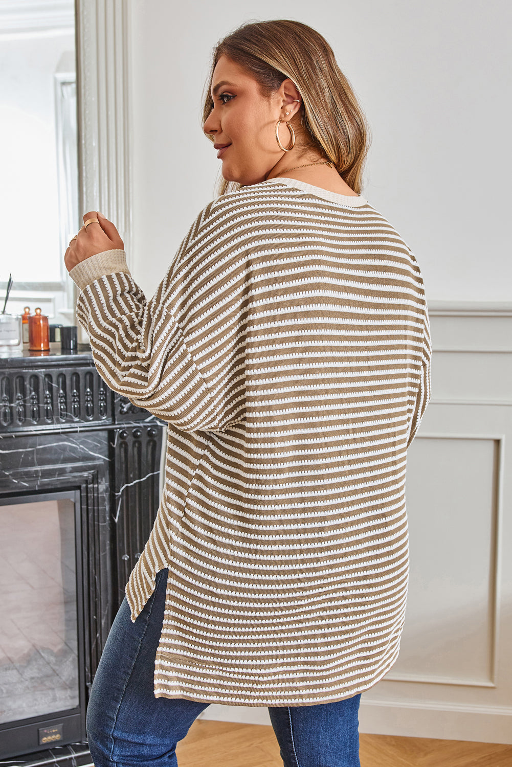 Khaki Stripe Textured Dolman Sleeve High Low Plus Size Top-Plus Size/Plus Size Tops/Plus Size Long Sleeve Tops-[Adult]-[Female]-2022 Online Blue Zone Planet