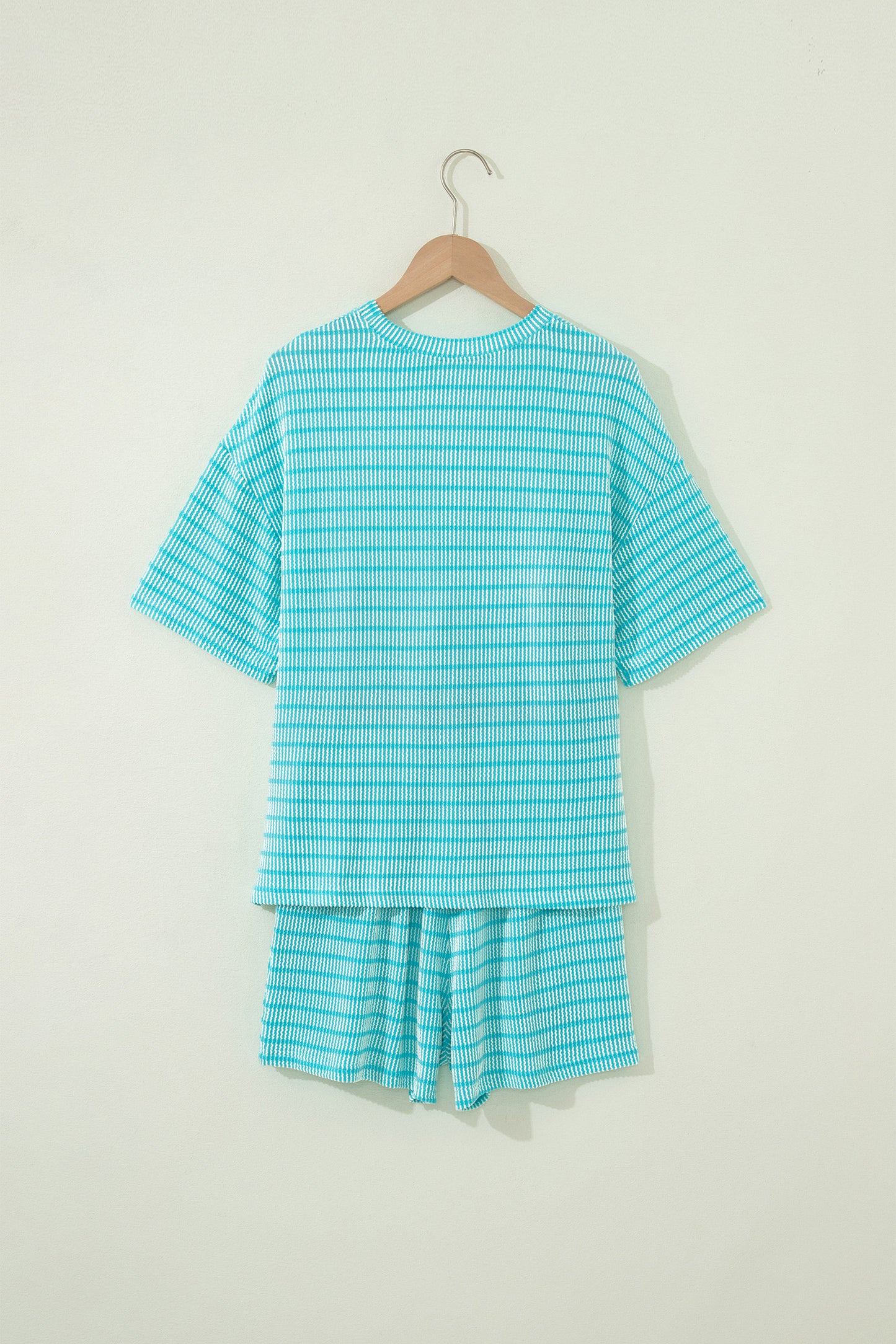 Rose Stripe Raised Rib Loose Tee Drawstring Elastic Waist 2pcs Short Set-Two Piece Sets/Short Sets-[Adult]-[Female]-2022 Online Blue Zone Planet