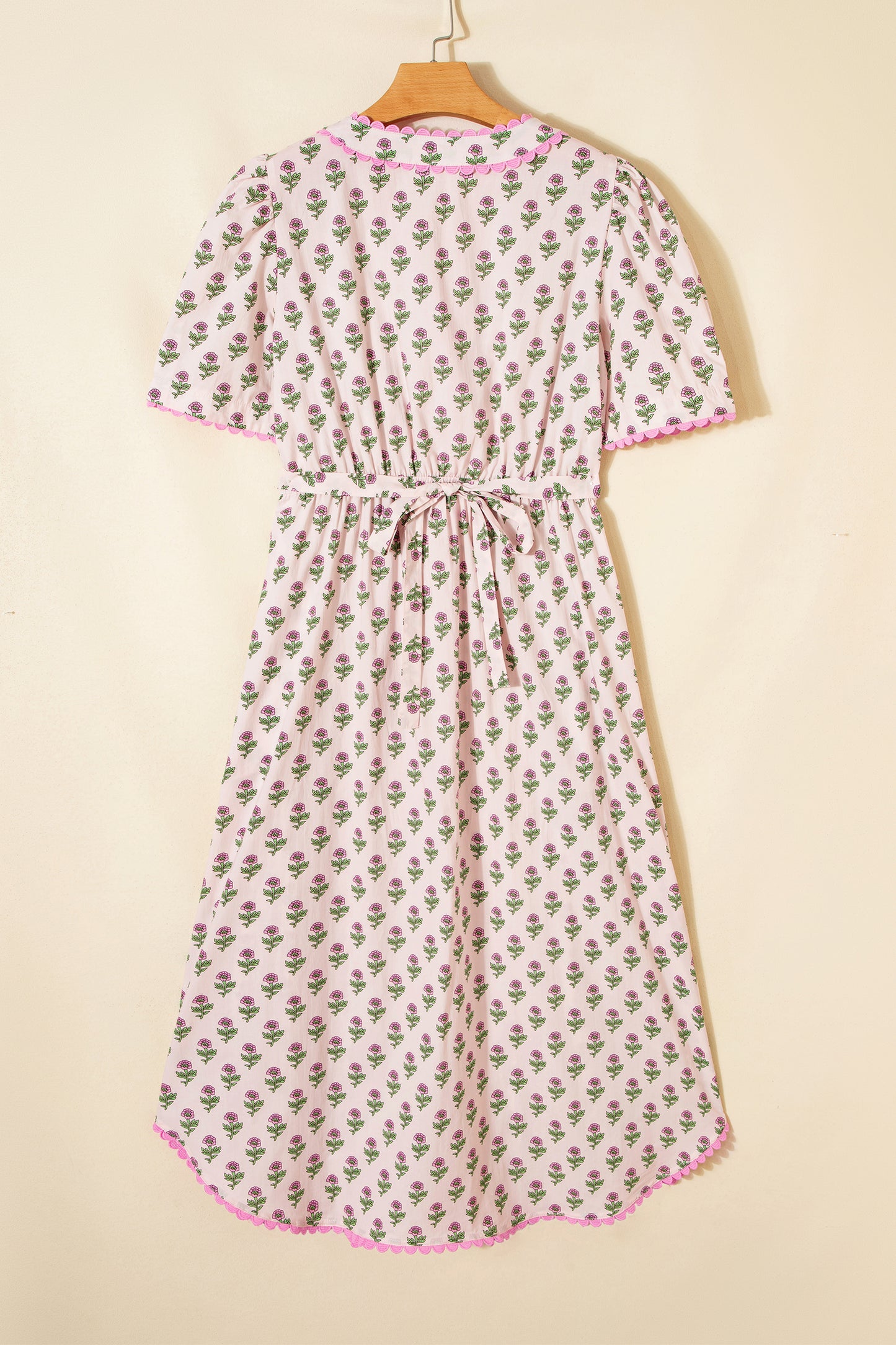 Pink Floral Print V Neck Scallop Trim Button Front Short Sleeve Long Dress-TOPS / DRESSES-[Adult]-[Female]-2022 Online Blue Zone Planet