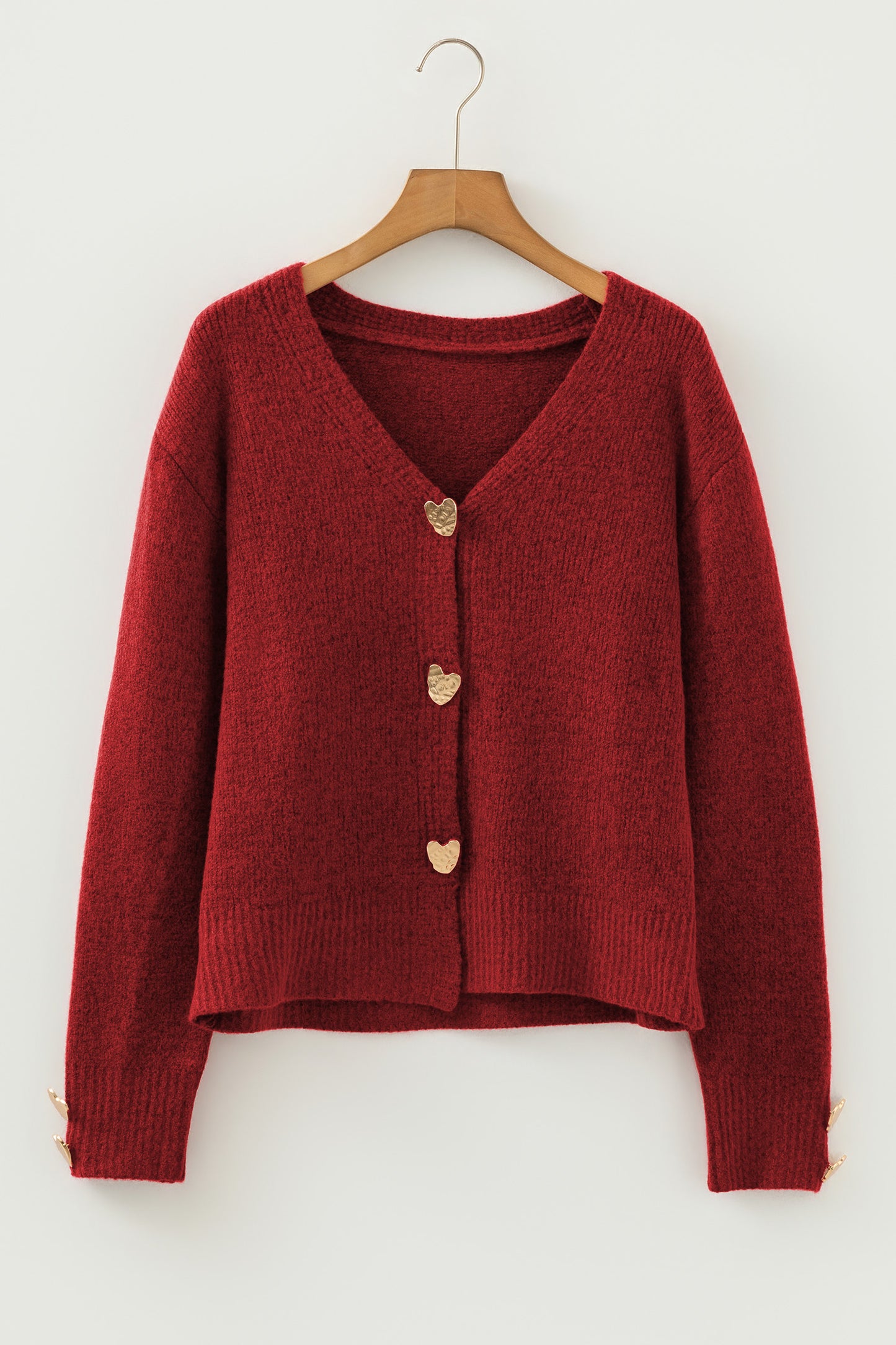 Fiery Red Heart Metal Button V Neck Cardigan Sweater-TOPS / DRESSES-[Adult]-[Female]-2022 Online Blue Zone Planet