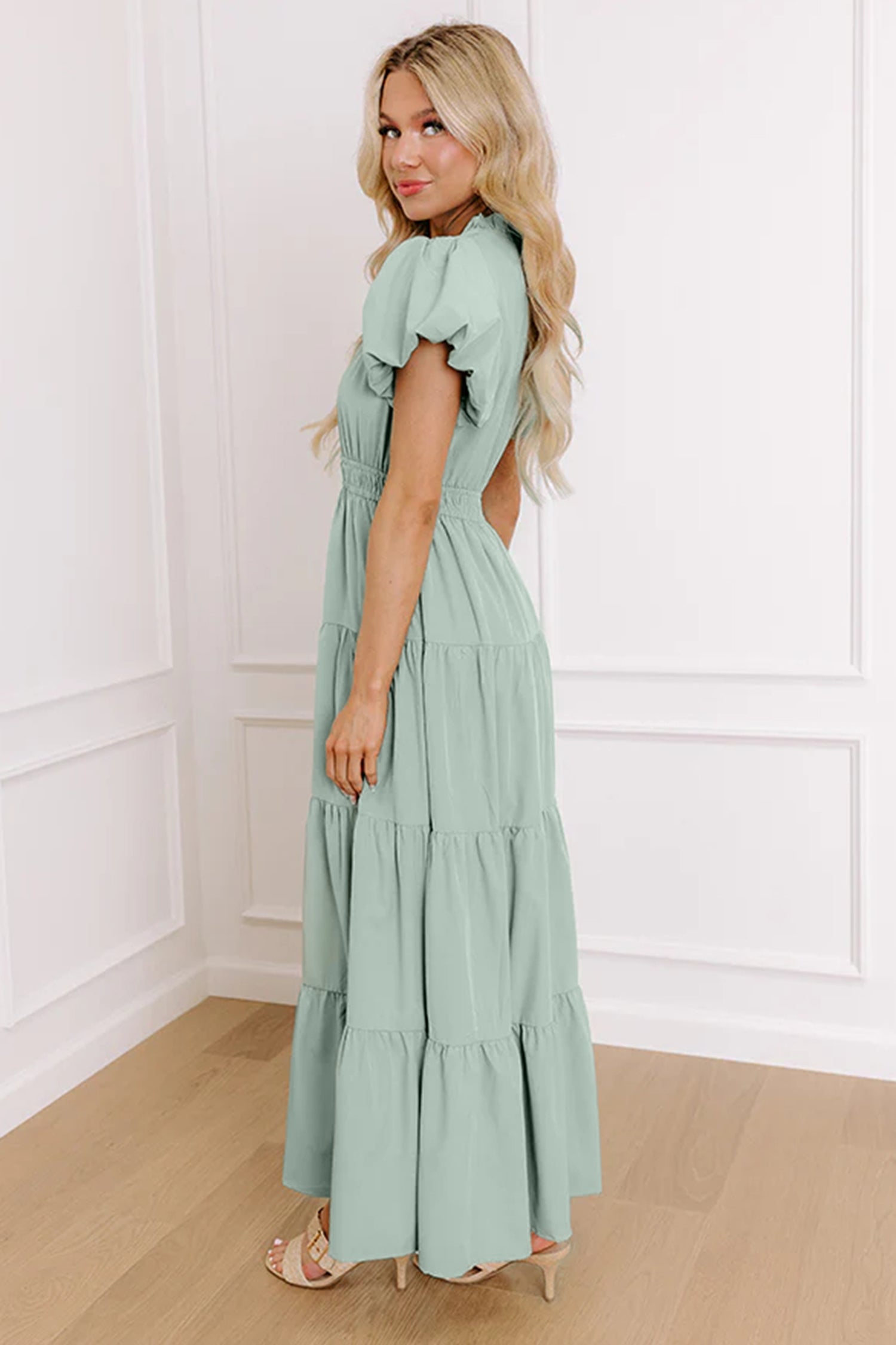 Clearly Aqua Solid Color V Neck Short Puff Sleeve High Waist Tiered Maxi Dress-TOPS / DRESSES-[Adult]-[Female]-2022 Online Blue Zone Planet