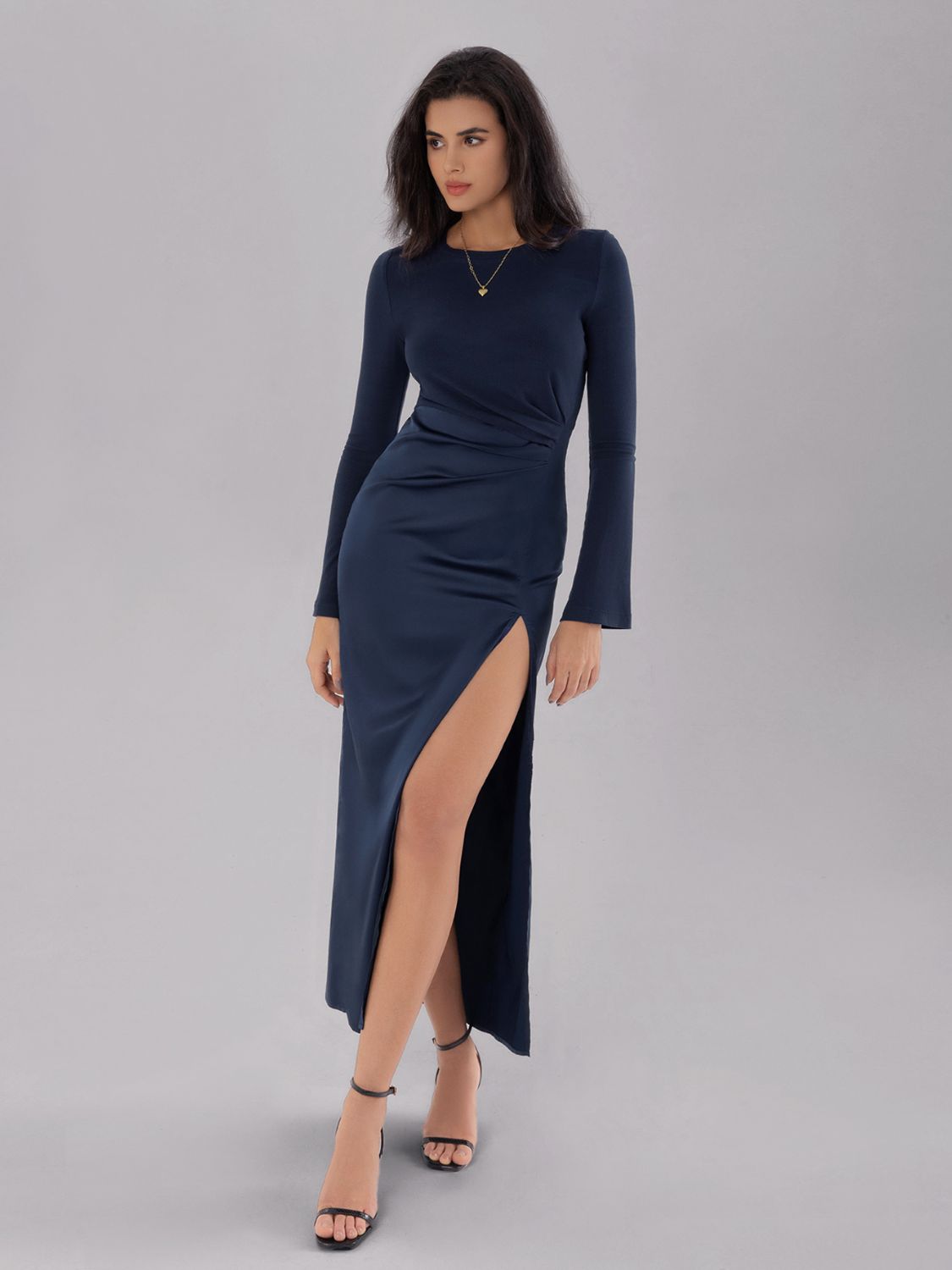 Split Round Neck Long Sleeve Midi Dress-TOPS / DRESSES-[Adult]-[Female]-2022 Online Blue Zone Planet