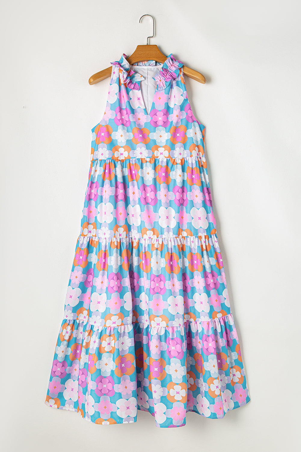 Sky Blue Floral Print Frilly Neck Sleeveless Tiered Maxi Dress-TOPS / DRESSES-[Adult]-[Female]-2022 Online Blue Zone Planet