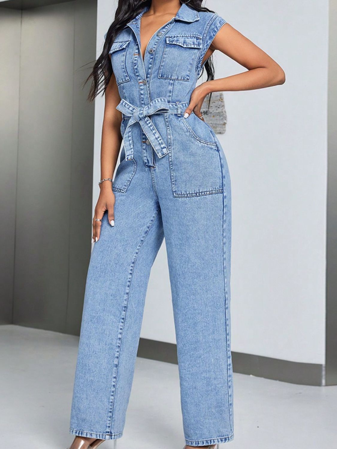 Tied Half Button Denim Jumpsuit with Pockets-TOPS / DRESSES-[Adult]-[Female]-Medium-XS-2022 Online Blue Zone Planet