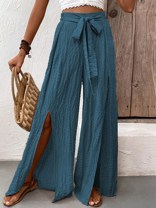 Honey Tied Slit Wide Leg Pants-BOTTOMS SIZES SMALL MEDIUM LARGE-[Adult]-[Female]-French Blue-S-2022 Online Blue Zone Planet