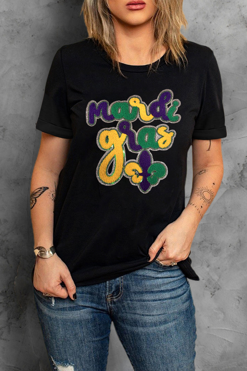 Blue Zone Planet | Black mardi gras Letter Print Casual Crewneck Tee-Graphic Tees-[Adult]-[Female]-2022 Online Blue Zone Planet