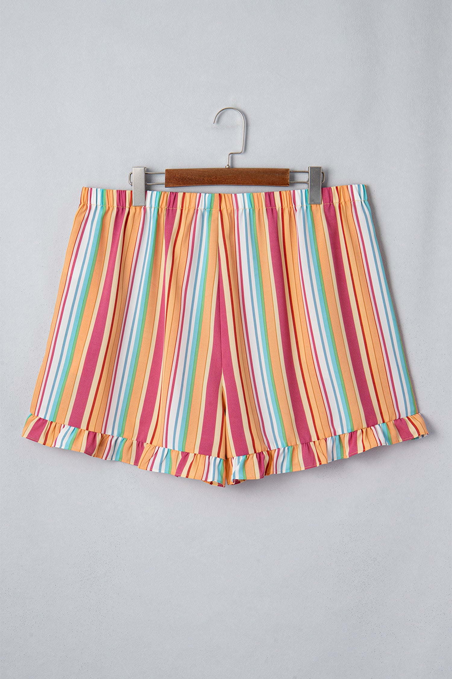 Orange Stripe Plus Size Elastic Waist Ruffle Hem Shorts-Plus Size/Plus Size Bottoms-[Adult]-[Female]-2022 Online Blue Zone Planet