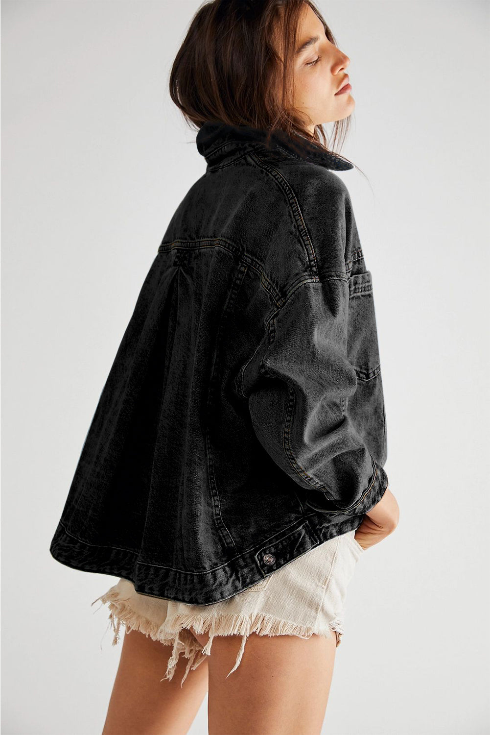 Blue Zone Planet | Black Washed Oversize Pocketed Denim Jacket-Outerwear/Denim jackets-[Adult]-[Female]-2022 Online Blue Zone Planet