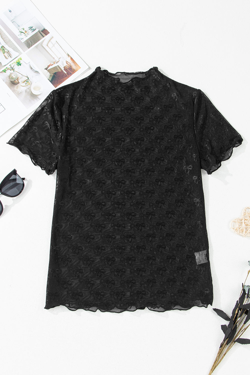 Black Bowknot Sheer Mesh Mock Neck Lettuce Trim Short Sleeve Top-Tops/Tops & Tees-[Adult]-[Female]-2022 Online Blue Zone Planet