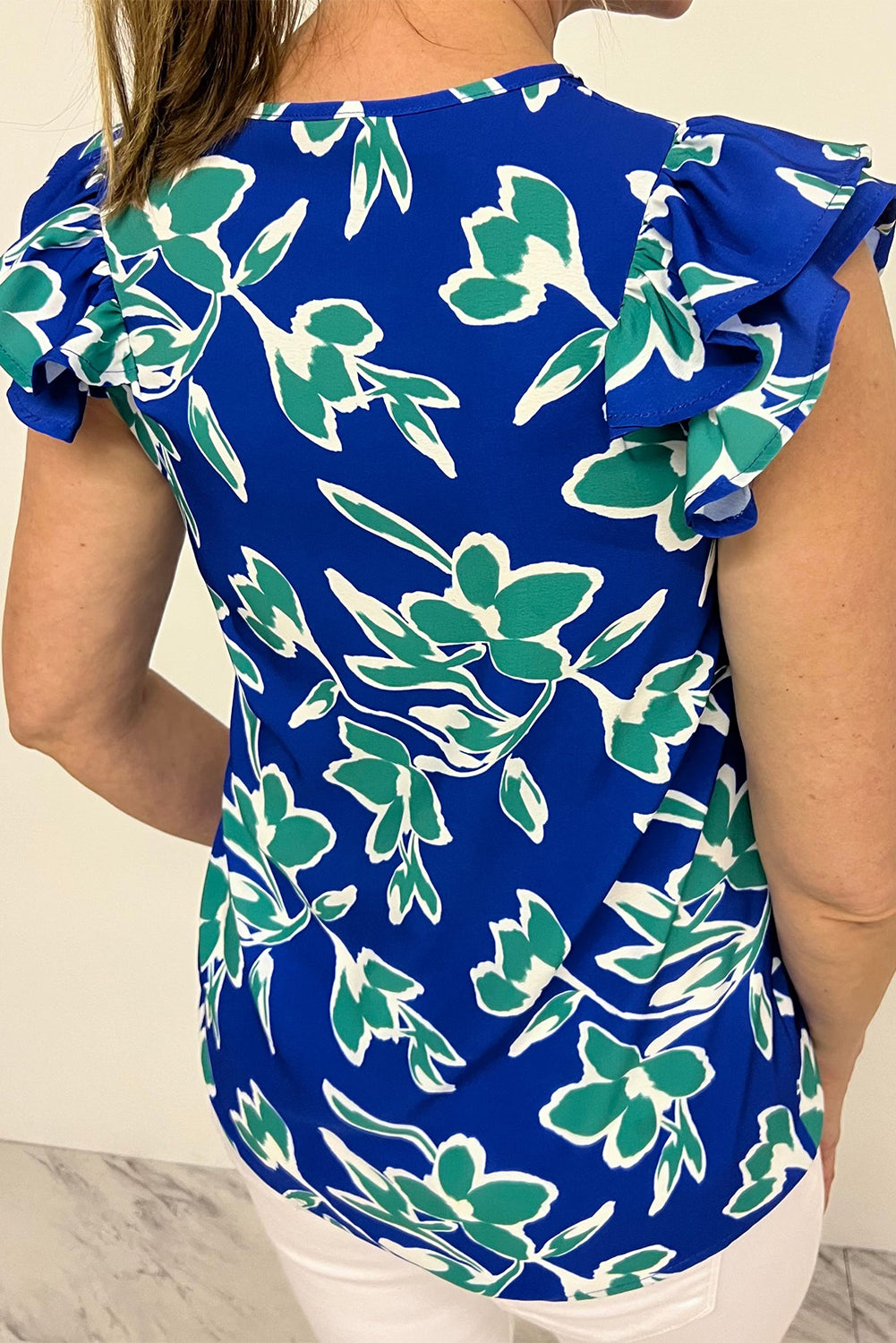 Blue V Neck Floral Print Double Ruffled Short Sleeve Blouse-Tops/Blouses & Shirts-[Adult]-[Female]-2022 Online Blue Zone Planet