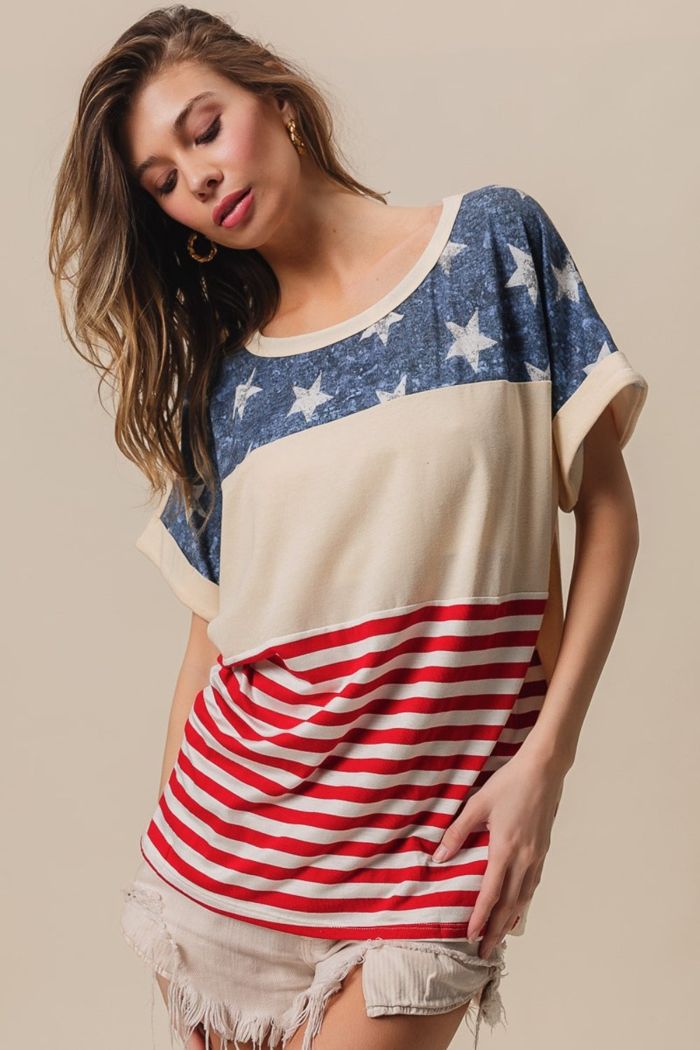 BiBi American Flag Theme Short Sleeve T-Shirt-TOPS / DRESSES-[Adult]-[Female]-2022 Online Blue Zone Planet