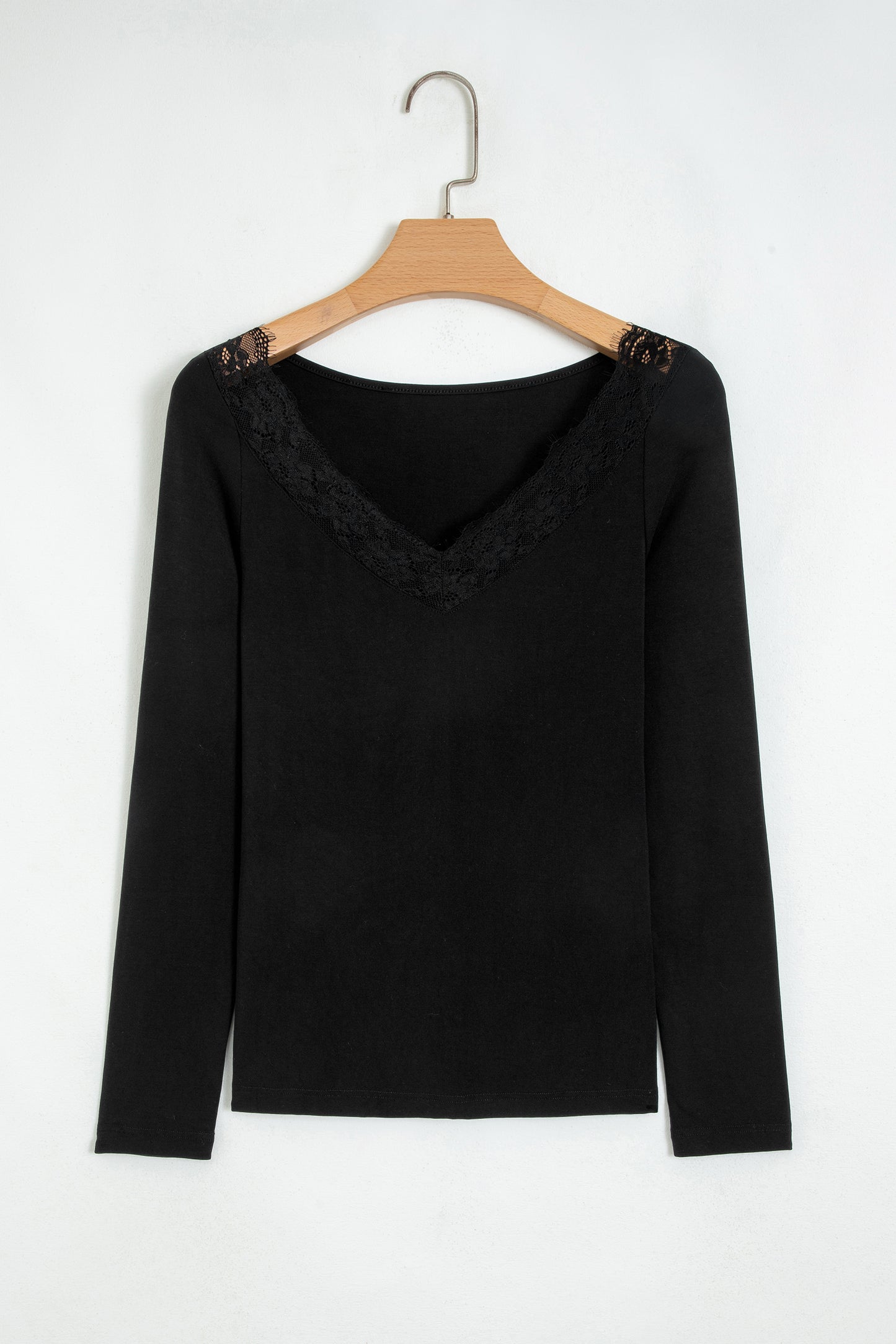 Black Lace Trim Elegant Neckline Long Sleeve Slim Top-Tops/Long Sleeve Tops-[Adult]-[Female]-2022 Online Blue Zone Planet
