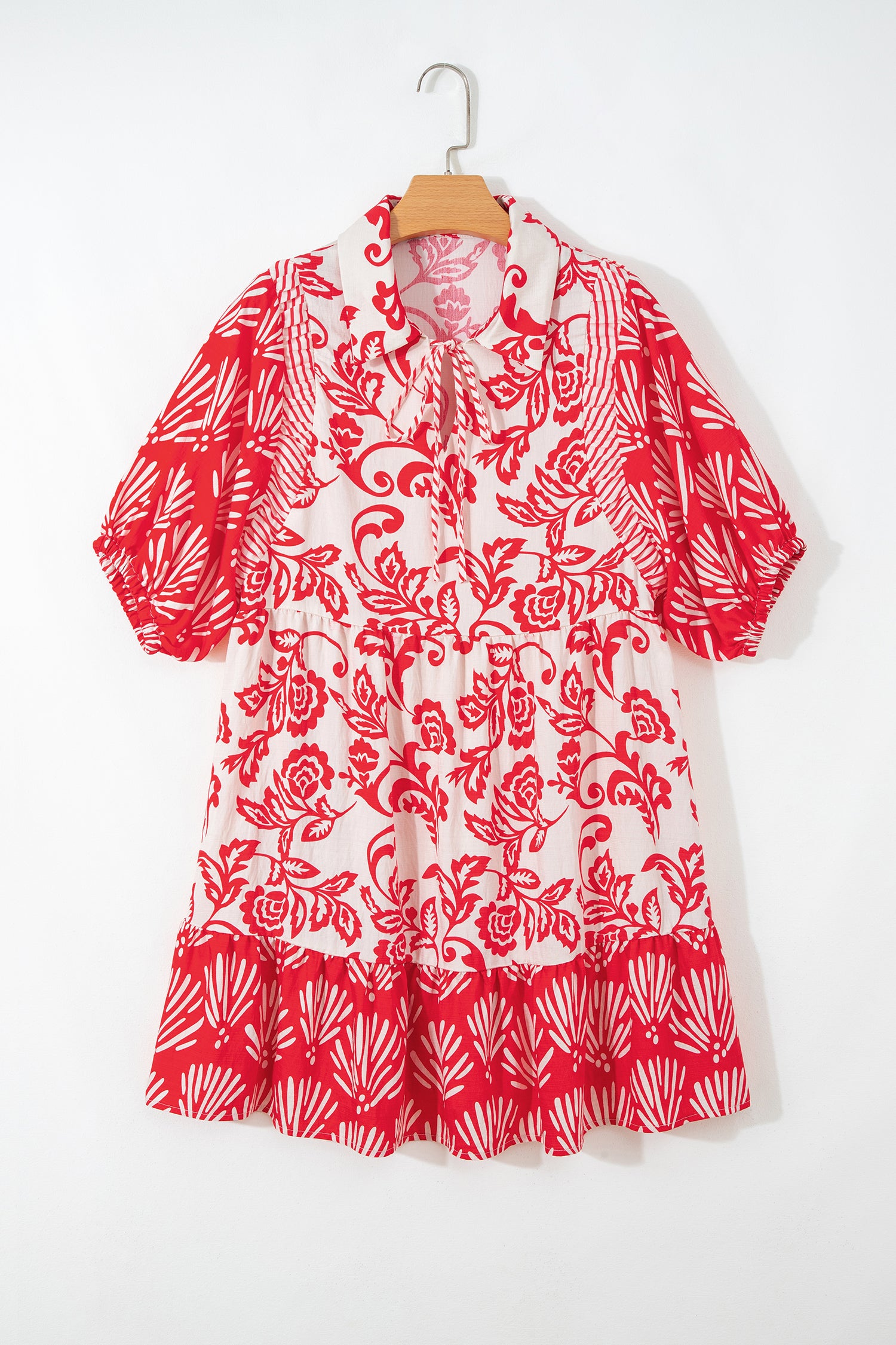 Red Collared V Neck Half Sleeve Loose Flower Mini Dress-TOPS / DRESSES-[Adult]-[Female]-2022 Online Blue Zone Planet