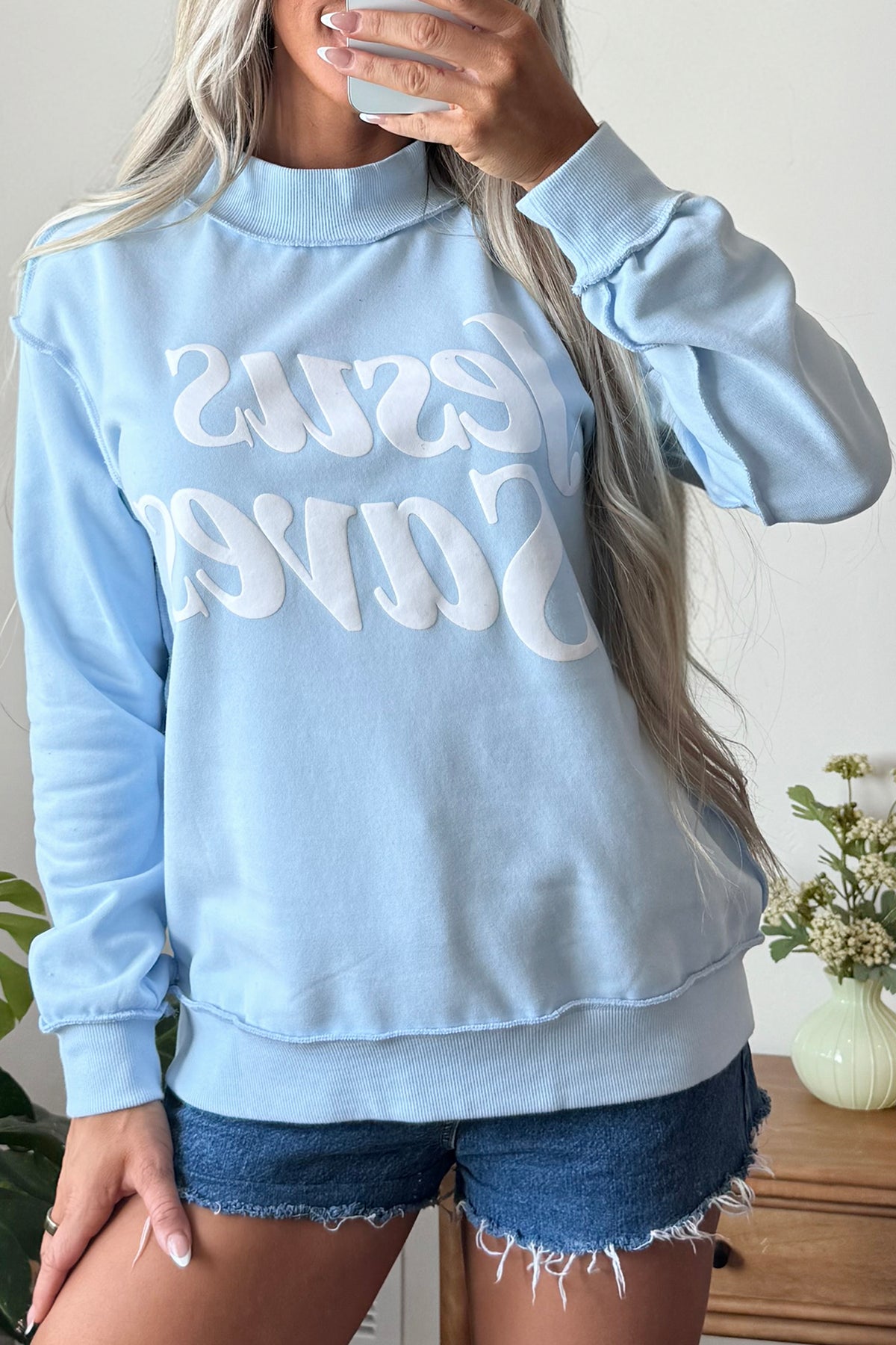 Mist Blue Jesus Saves Slogan Print Stand Neck Baggy Sweatshirt-Tops/Sweatshirts & Hoodies-[Adult]-[Female]-2022 Online Blue Zone Planet