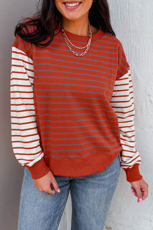 Orange Stripe Contrast Sleeve Patchwork Drop Shoulder Long Sleeve Sweatshirt-Tops/Sweatshirts & Hoodies-[Adult]-[Female]-Orange Stripe-S-2022 Online Blue Zone Planet