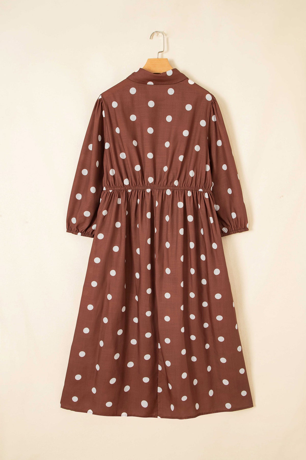 Brown Polka Dot V Neck Abdomen Pocket Gathered Cuffs Long Sleeve Shift Plus Size Dress-TOPS / DRESSES-[Adult]-[Female]-2022 Online Blue Zone Planet
