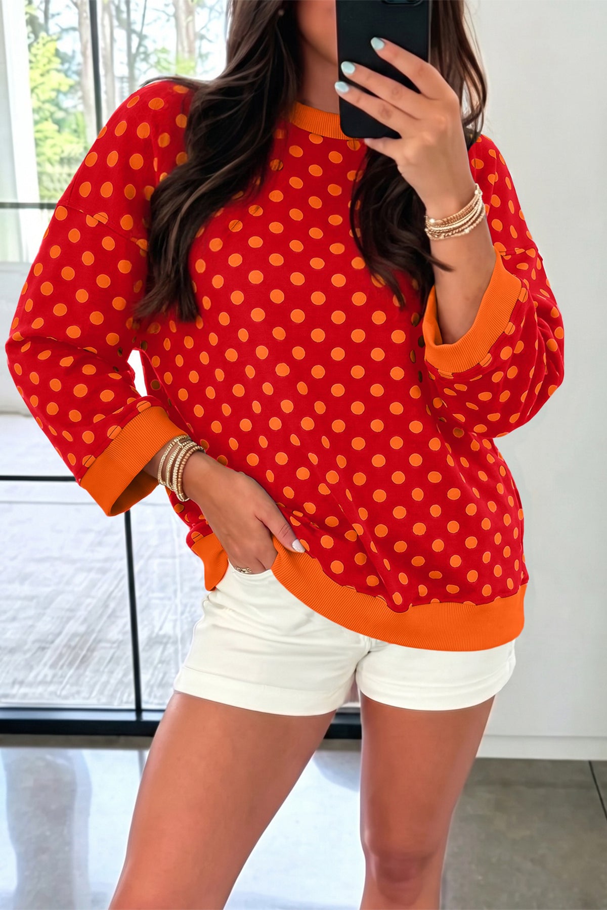 Blue Polka Dot Print Contrast Trim Round Neck Bracelet Sleeve Top-Bracelet-[Adult]-[Female]-2022 Online Blue Zone Planet