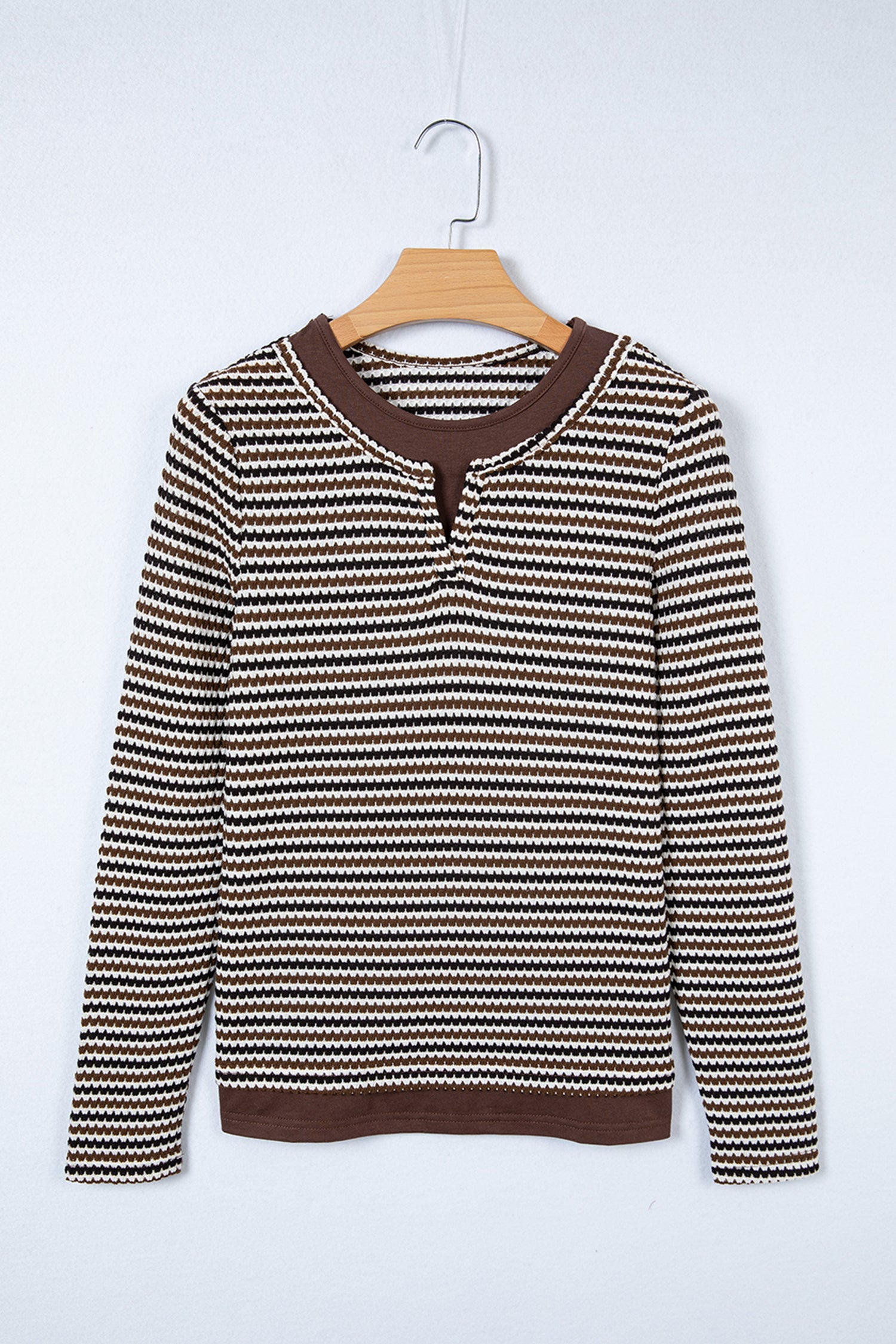 Brown Faux Two Piece Textured Striped Round Neck Long Sleeve T Shirt-Tops/Long Sleeve Tops-[Adult]-[Female]-2022 Online Blue Zone Planet